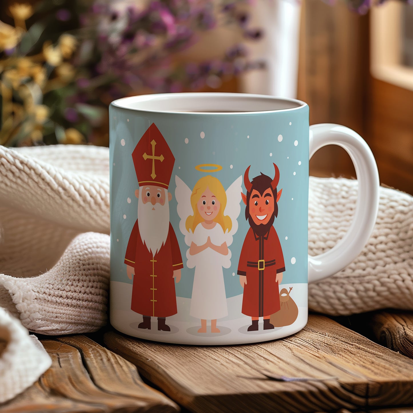 Hrnek s motivem Mikuláše, čerta a anděla – zimní radost