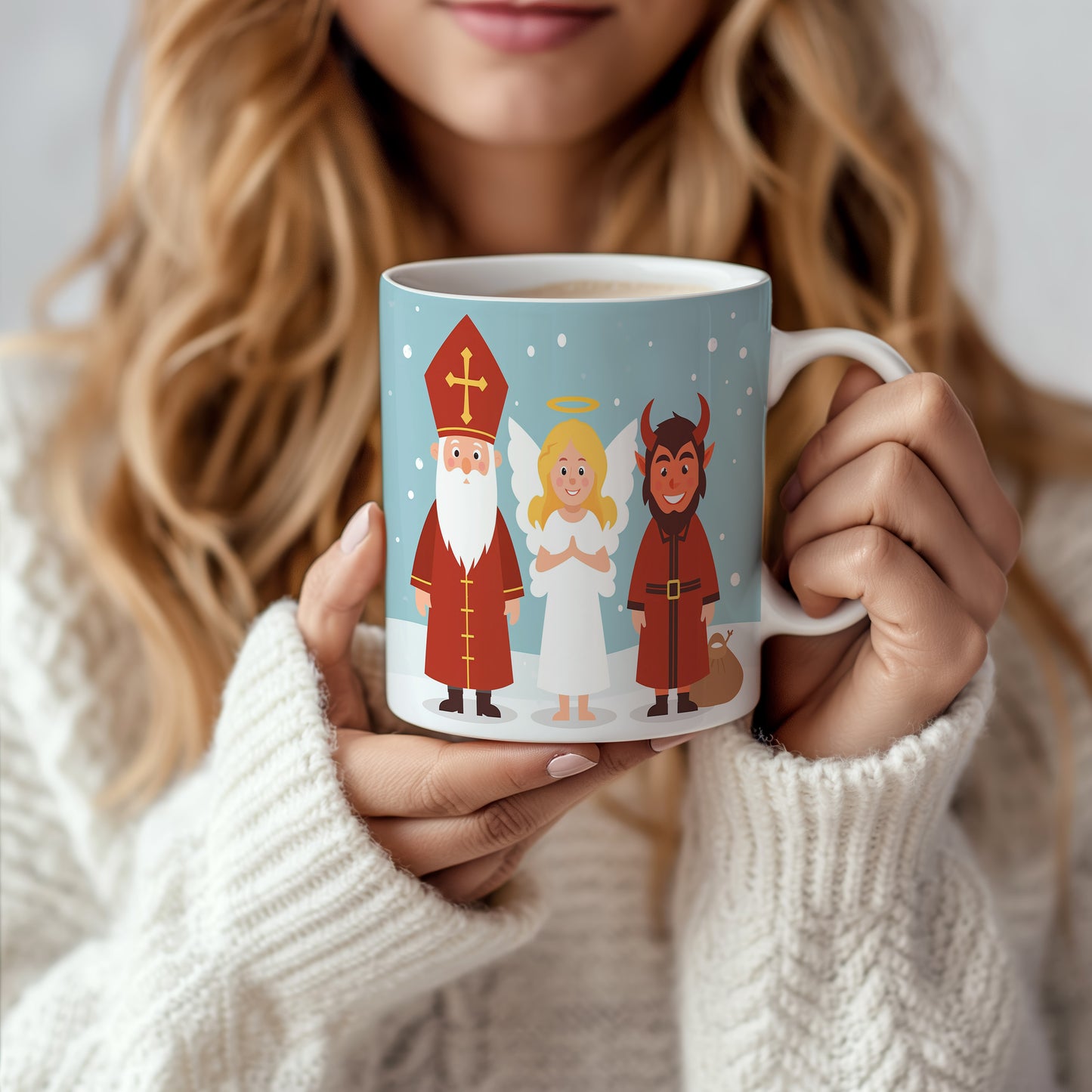 Hrnek s motivem Mikuláše, čerta a anděla – zimní radost