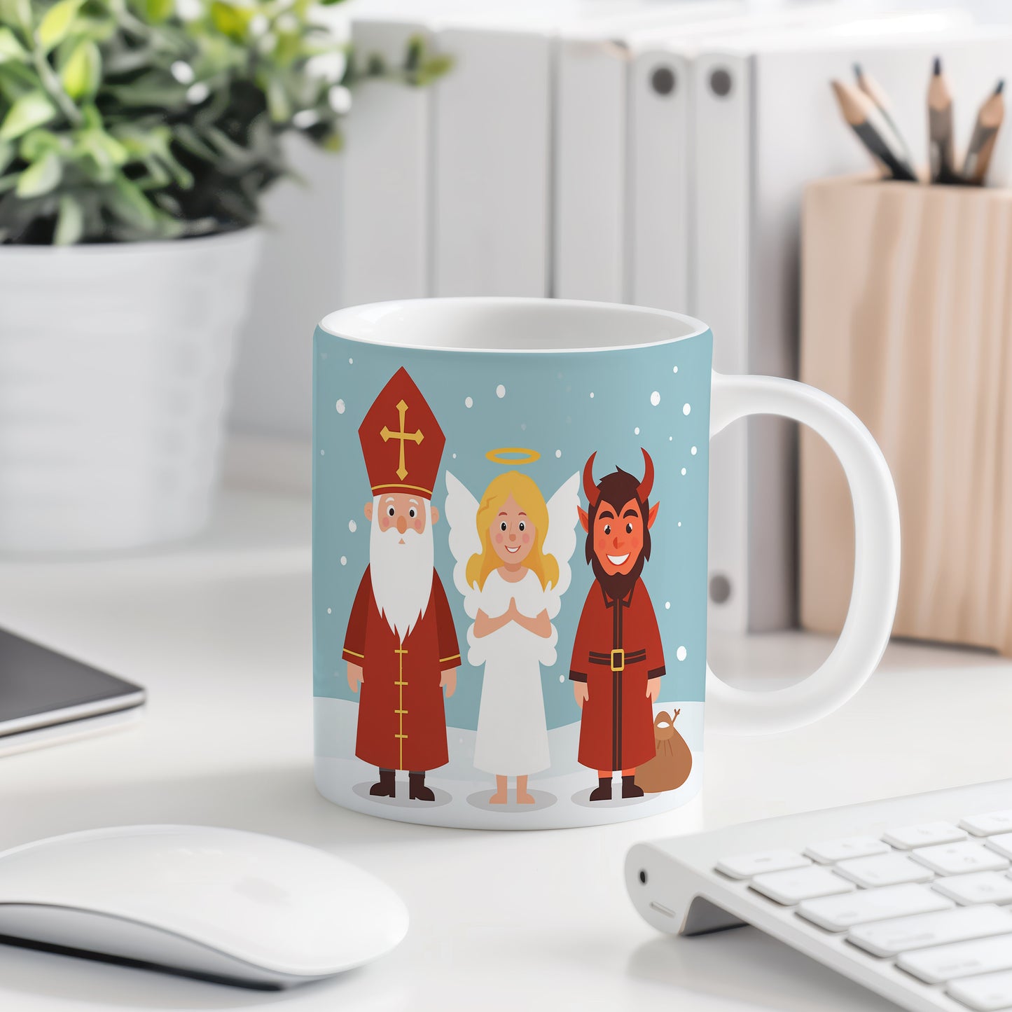 Hrnek s motivem Mikuláše, čerta a anděla – zimní radost