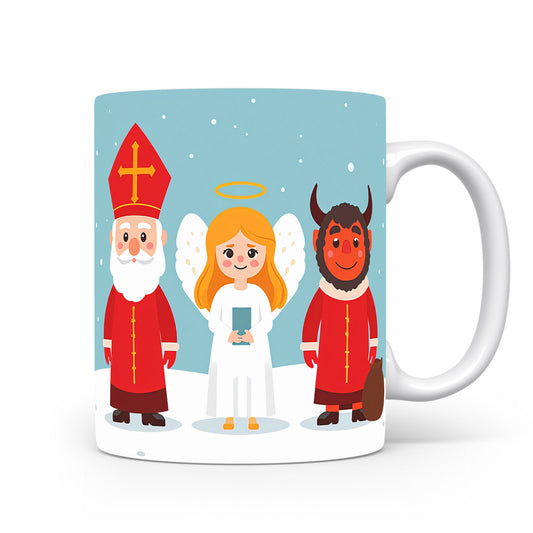 Hrnek s motivem Mikuláše, čerta a anděla na pozadí sněhových vloček