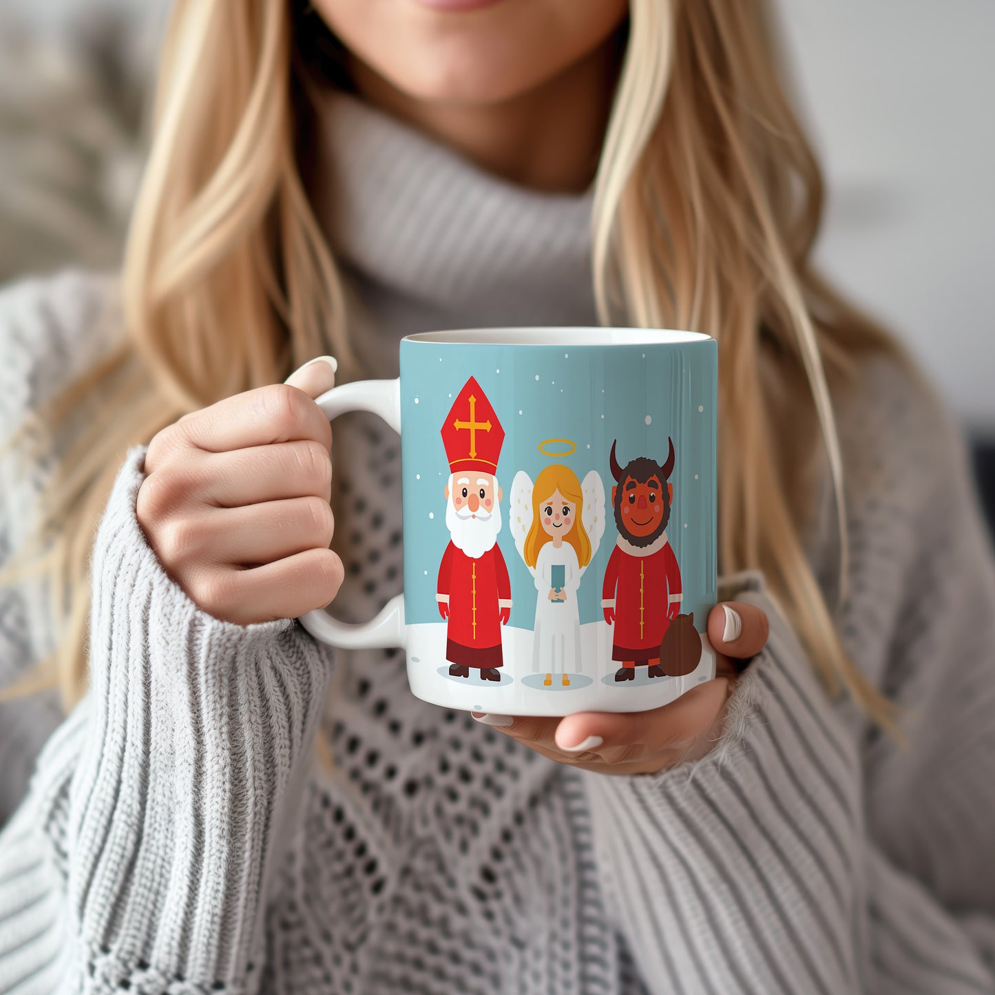 Hrnek s motivem Mikuláše, čerta a anděla – sněhové vločky