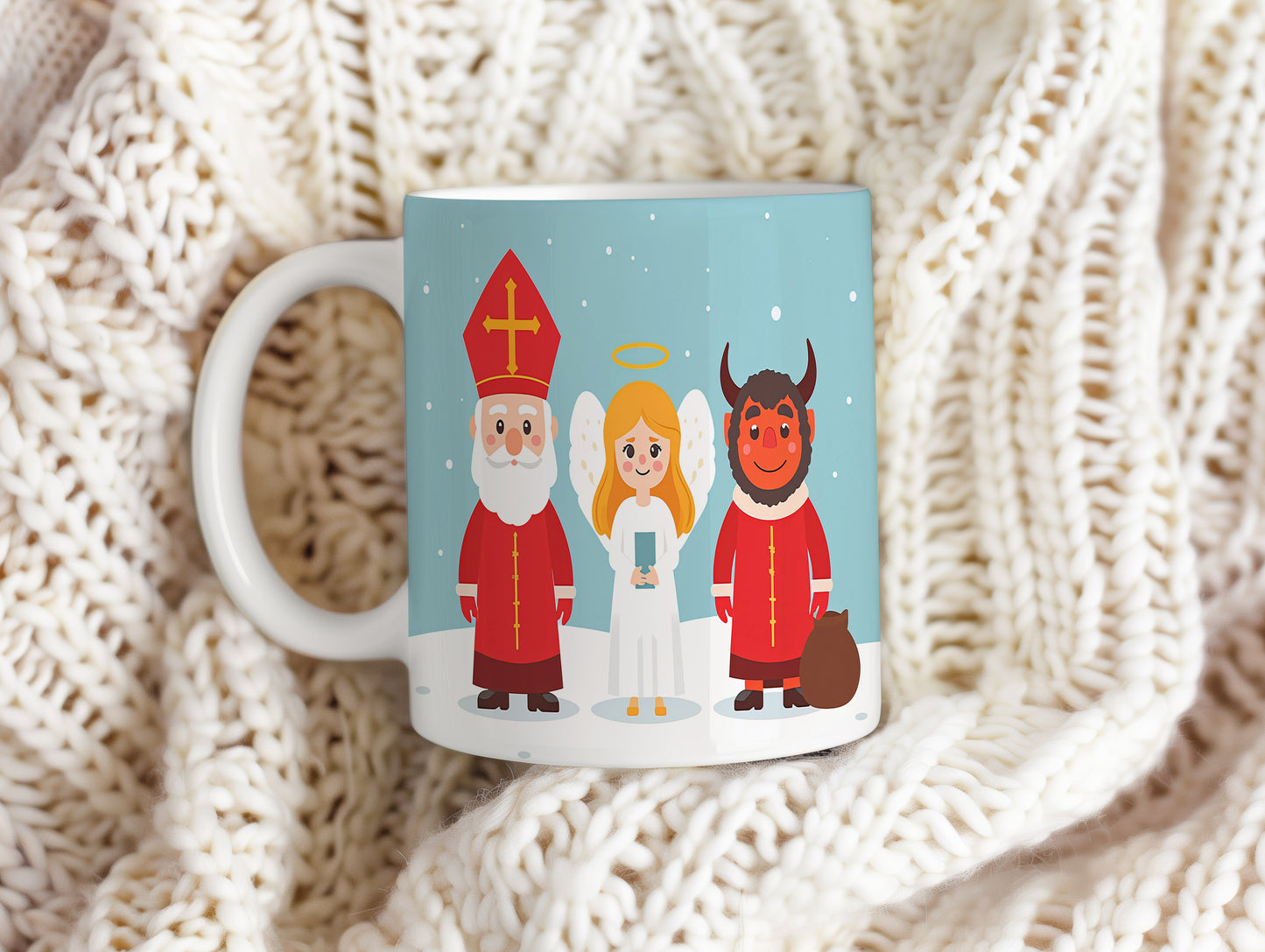 Hrnek s motivem Mikuláše, čerta a anděla – sněhové vločky