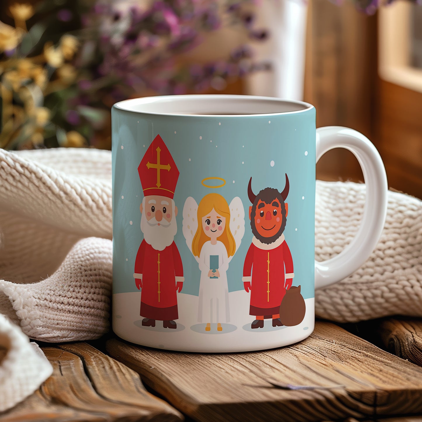 Hrnek s motivem Mikuláše, čerta a anděla – sněhové vločky