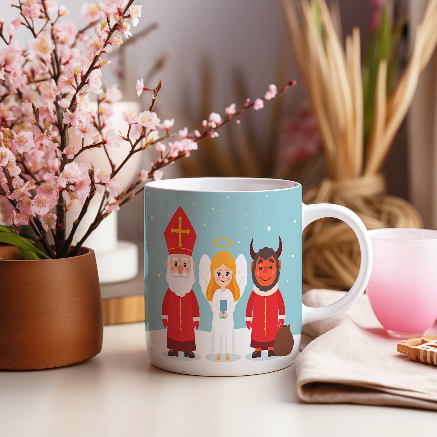 Hrnek s motivem Mikuláše, čerta a anděla – sněhové vločky