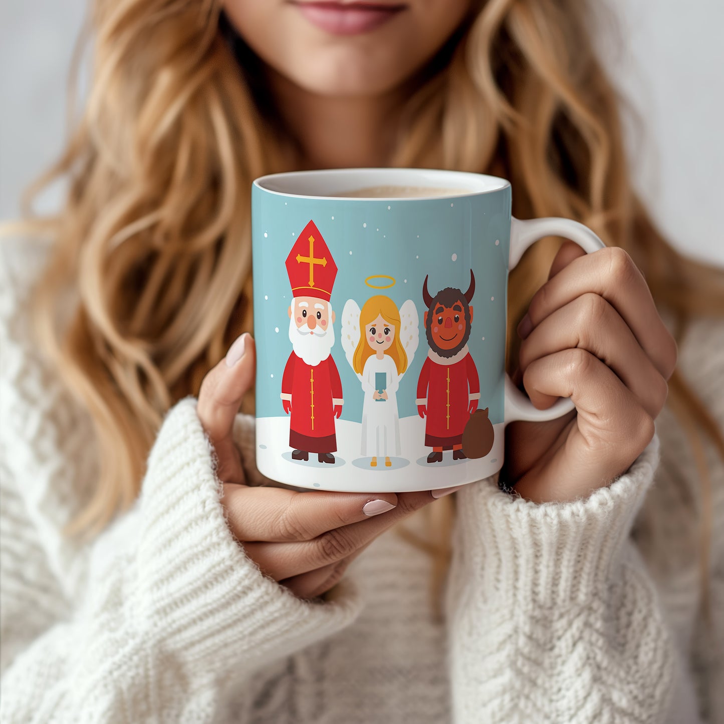 Hrnek s motivem Mikuláše, čerta a anděla – sněhové vločky