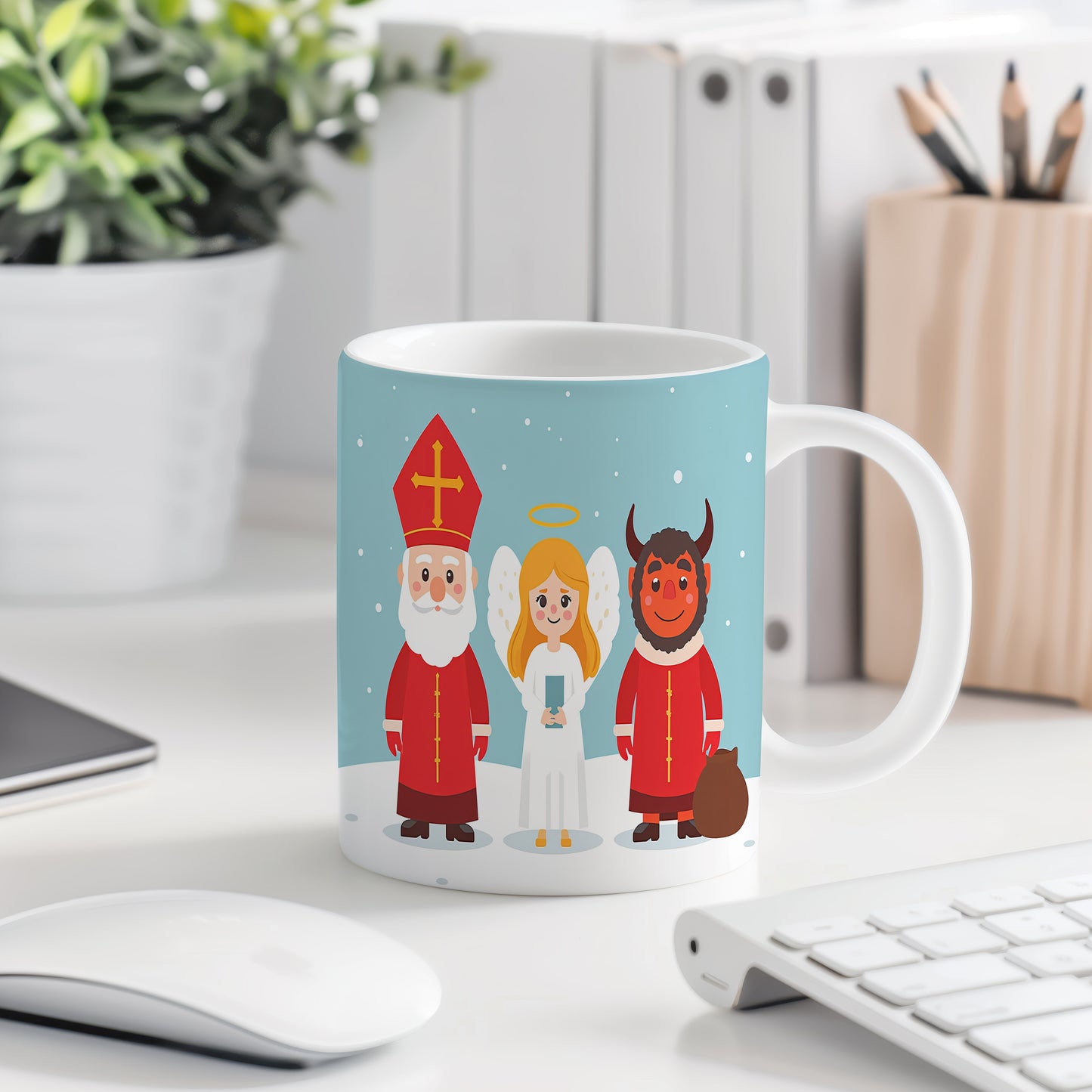 Hrnek s motivem Mikuláše, čerta a anděla – sněhové vločky