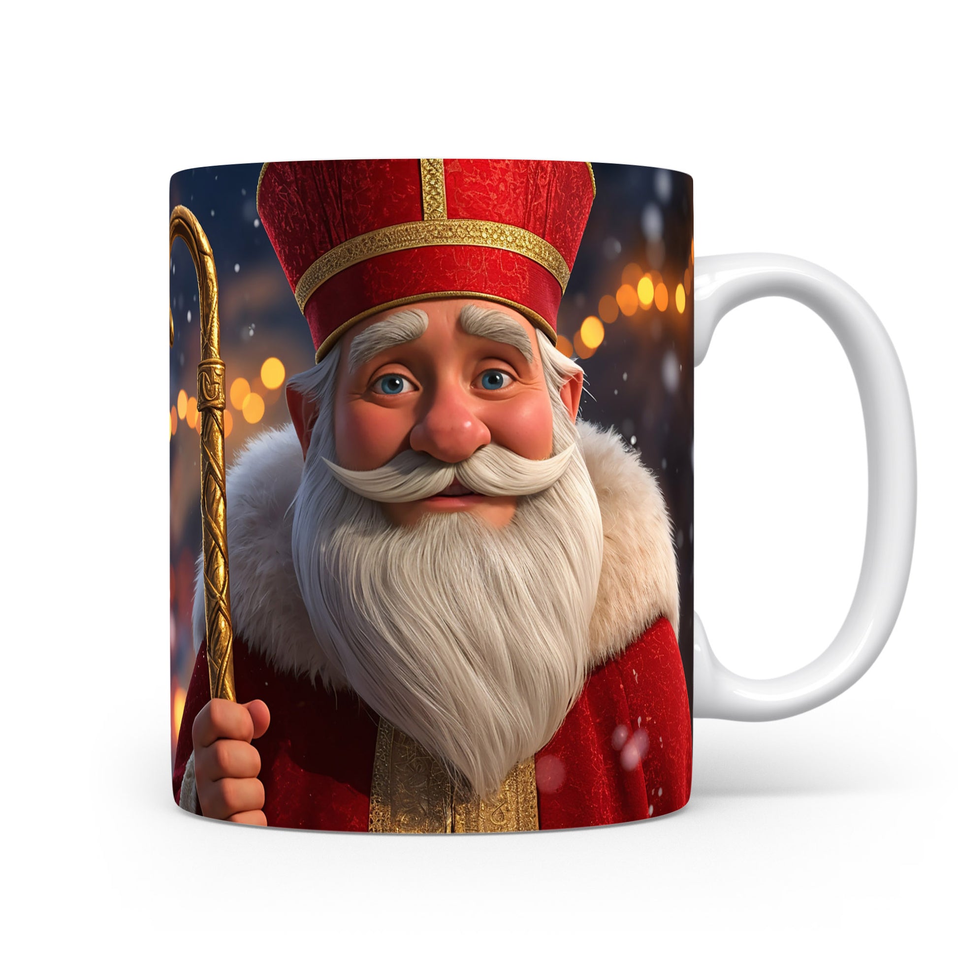 Mikuláš v červeném rouchu se zlatou holí