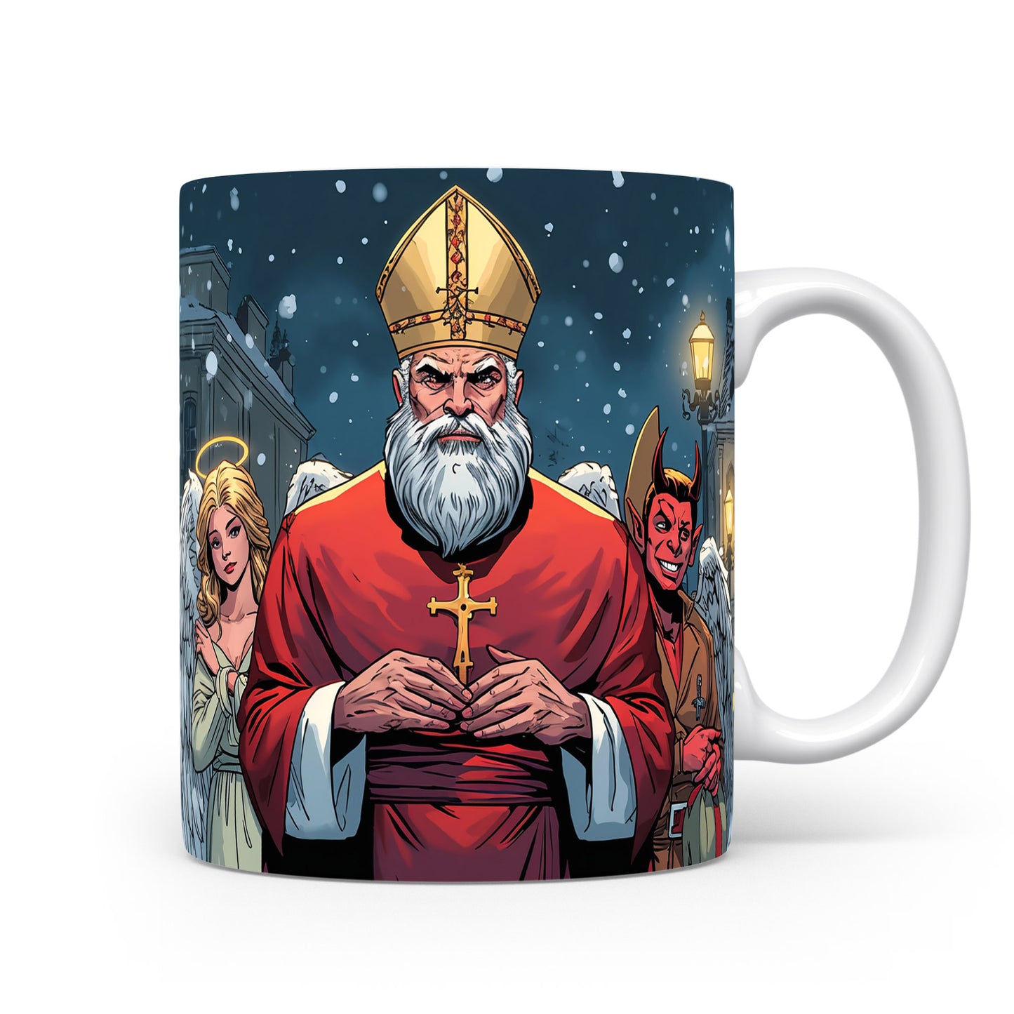 Mikuláš, čert a anděl na zimní noční ulici