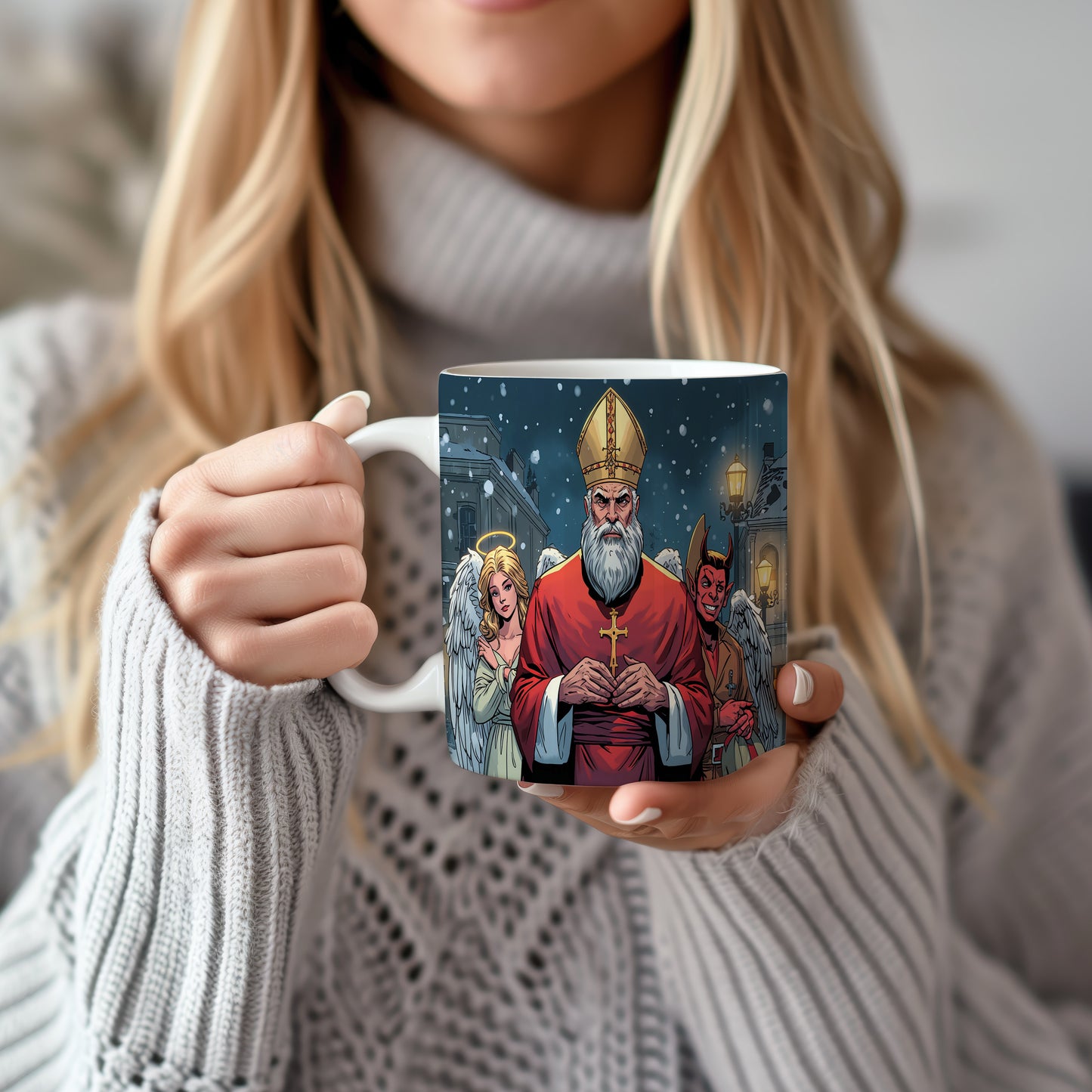 Hrnek s motivem Mikuláše, čerta a anděla – zimní noční klid