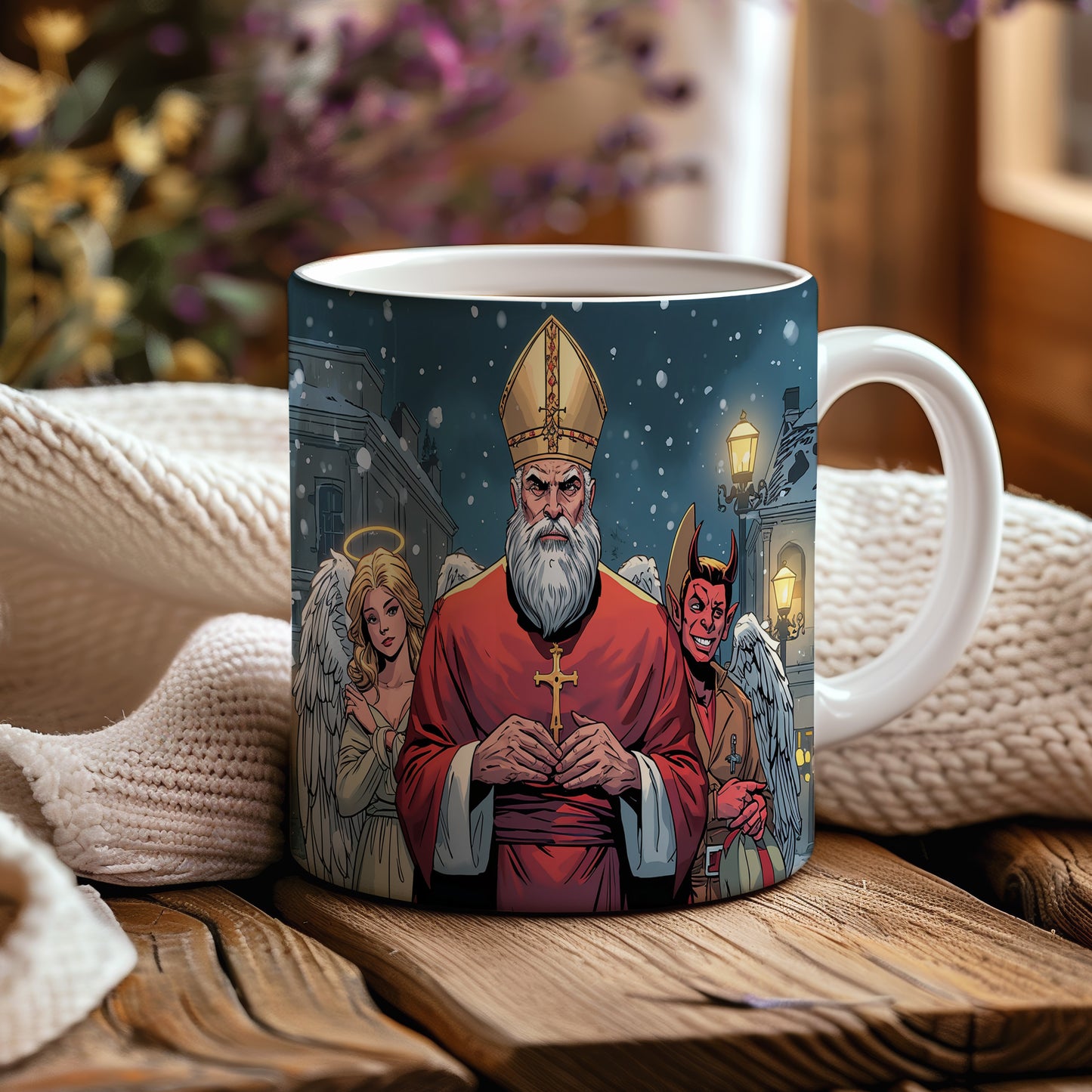 Hrnek s motivem Mikuláše, čerta a anděla – zimní noční klid