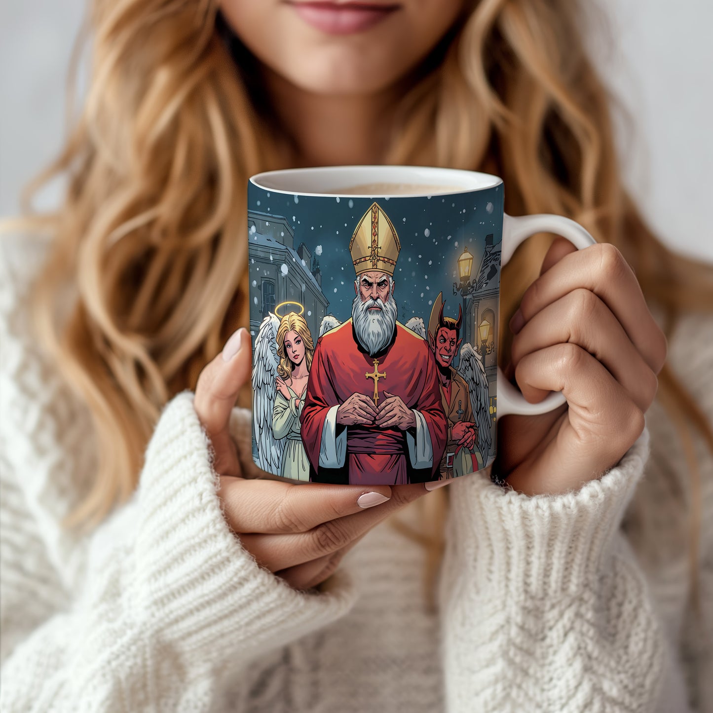 Hrnek s motivem Mikuláše, čerta a anděla – zimní noční klid