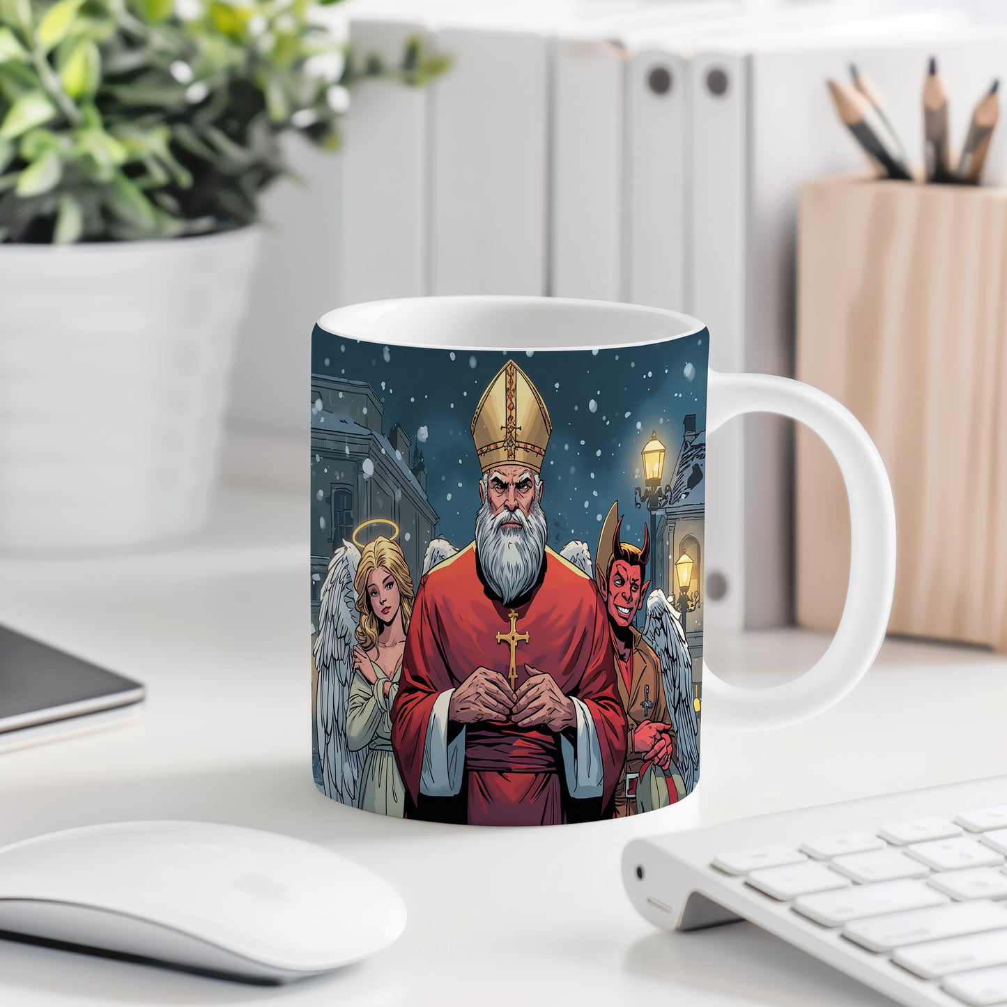 Hrnek s motivem Mikuláše, čerta a anděla – zimní noční klid