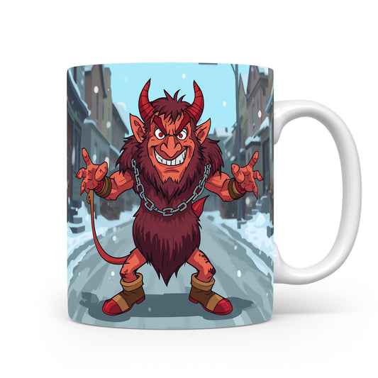 Čert v zasněžené uličce na hrnku