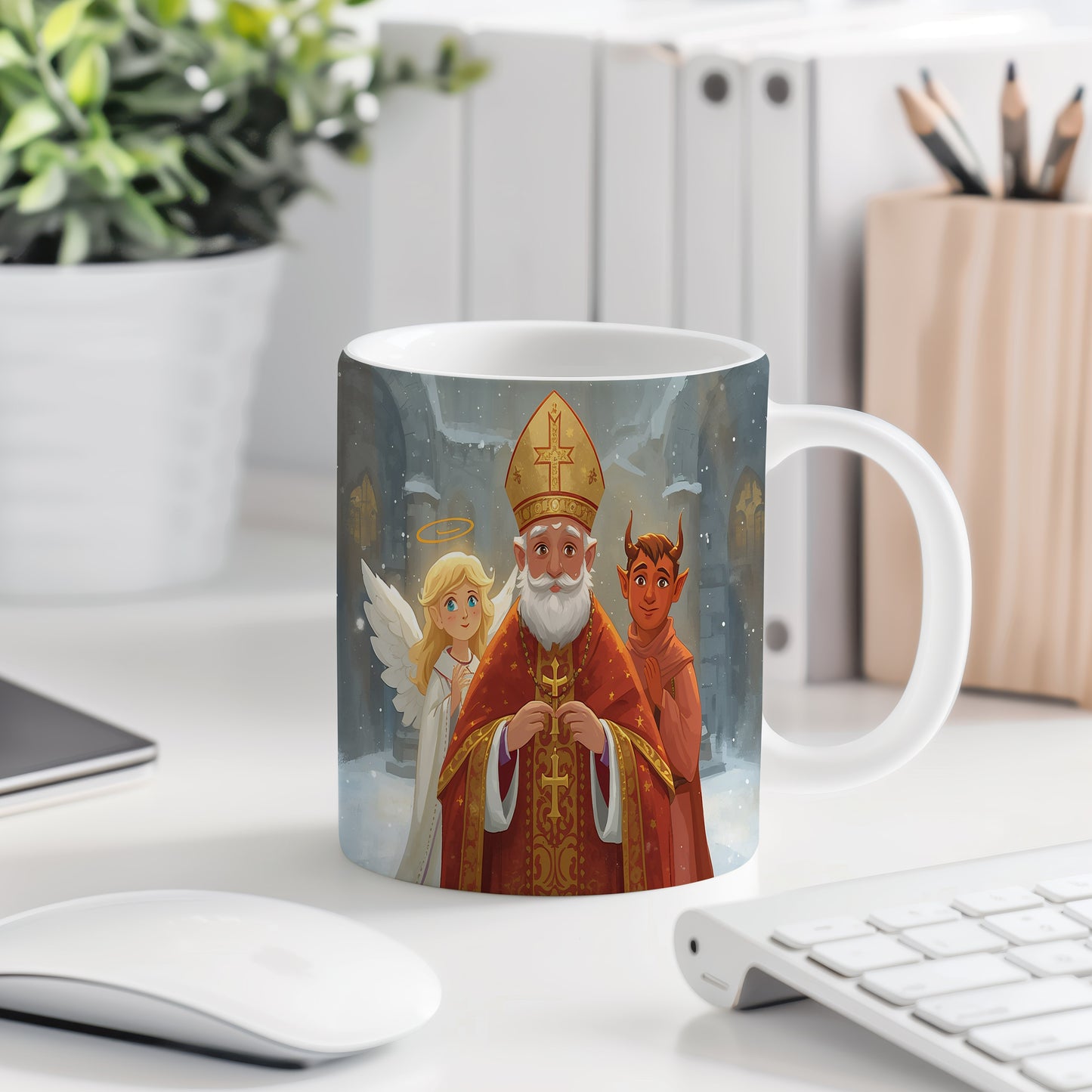 Hrnek s motivem Mikuláše, čerta a anděla – vánoční katedrála