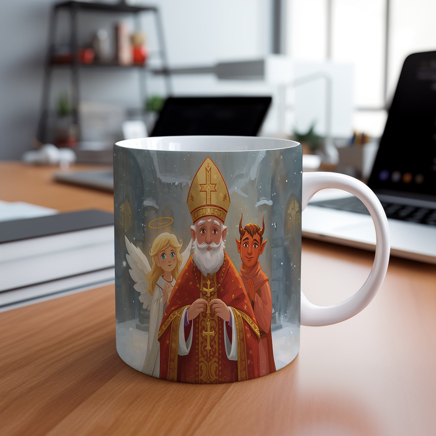 Hrnek s motivem Mikuláše, čerta a anděla – vánoční katedrála