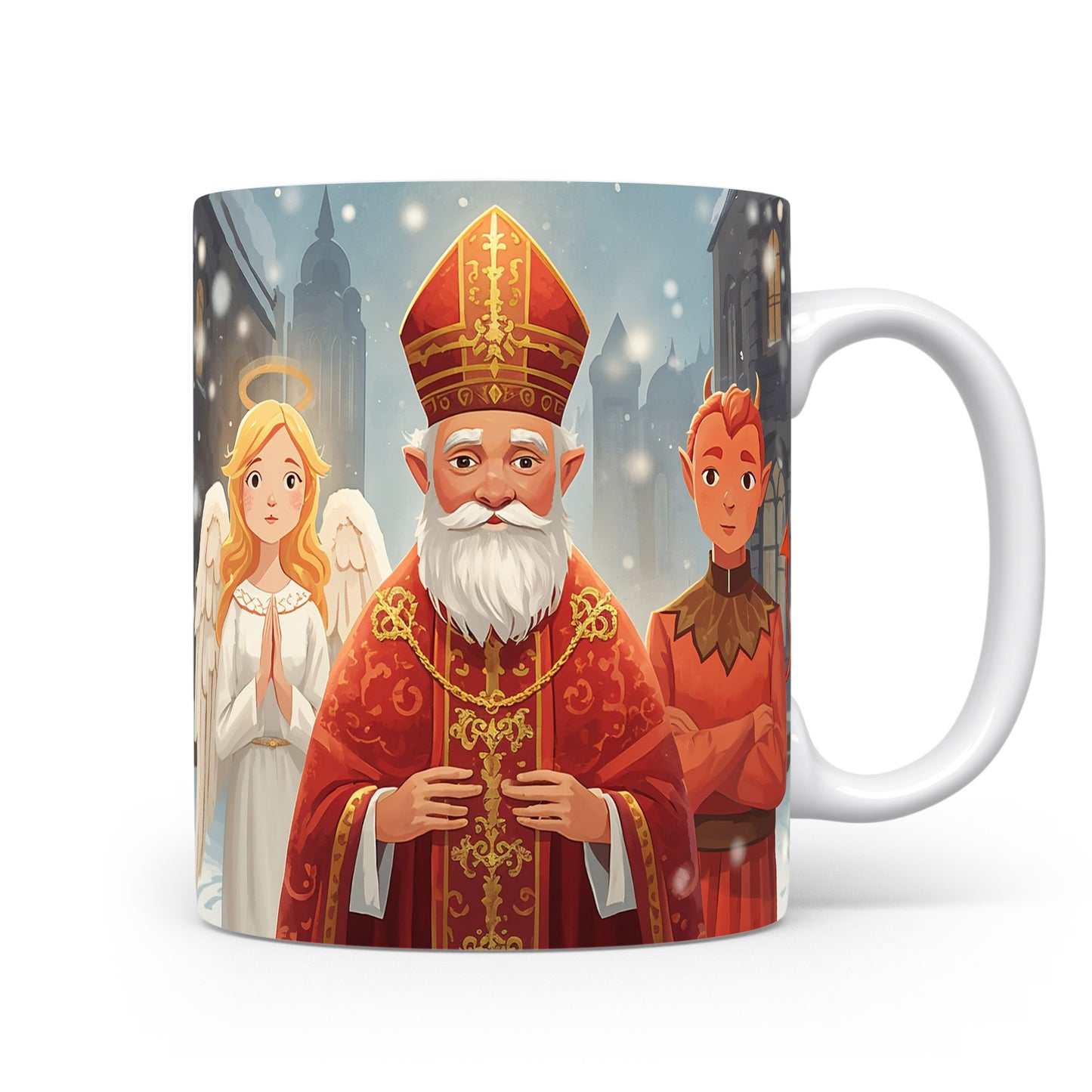 Hrnek s Mikulášem, čertem a andělem ve městě