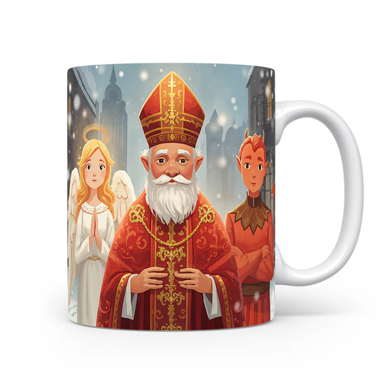 Hrnek s Mikulášem, čertem a andělem ve městě