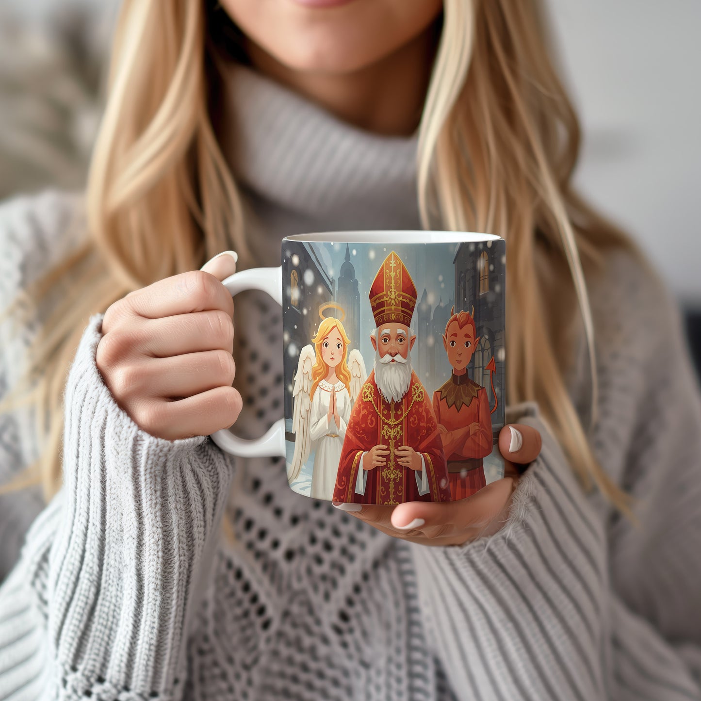 Hrnek s motivem Mikuláše, čerta a anděla – zimní město