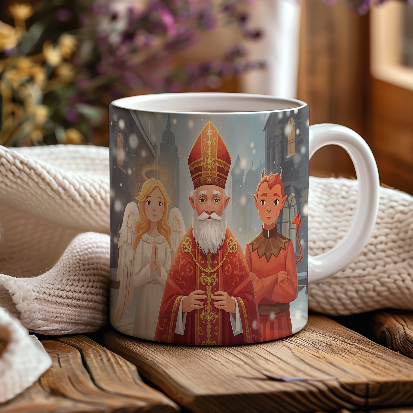 Hrnek s motivem Mikuláše, čerta a anděla – zimní město