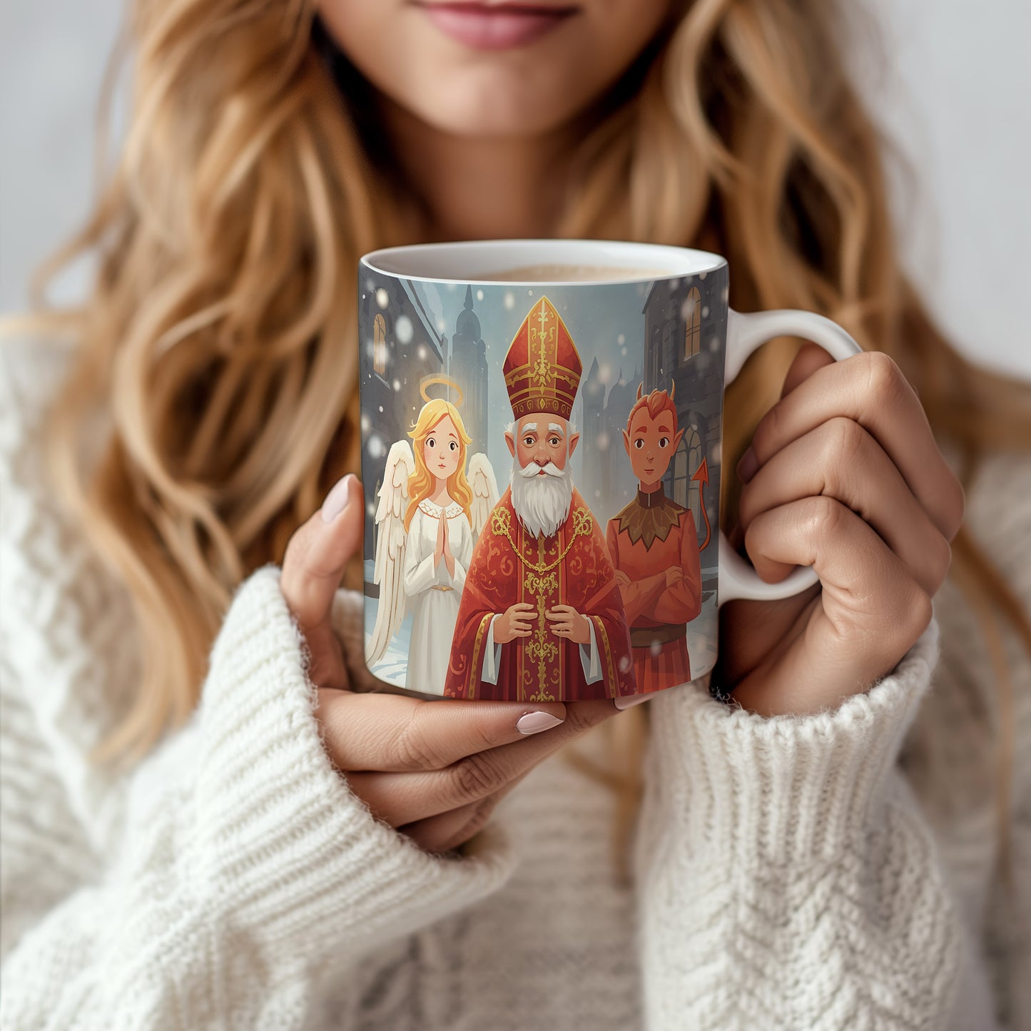 Hrnek s motivem Mikuláše, čerta a anděla – zimní město