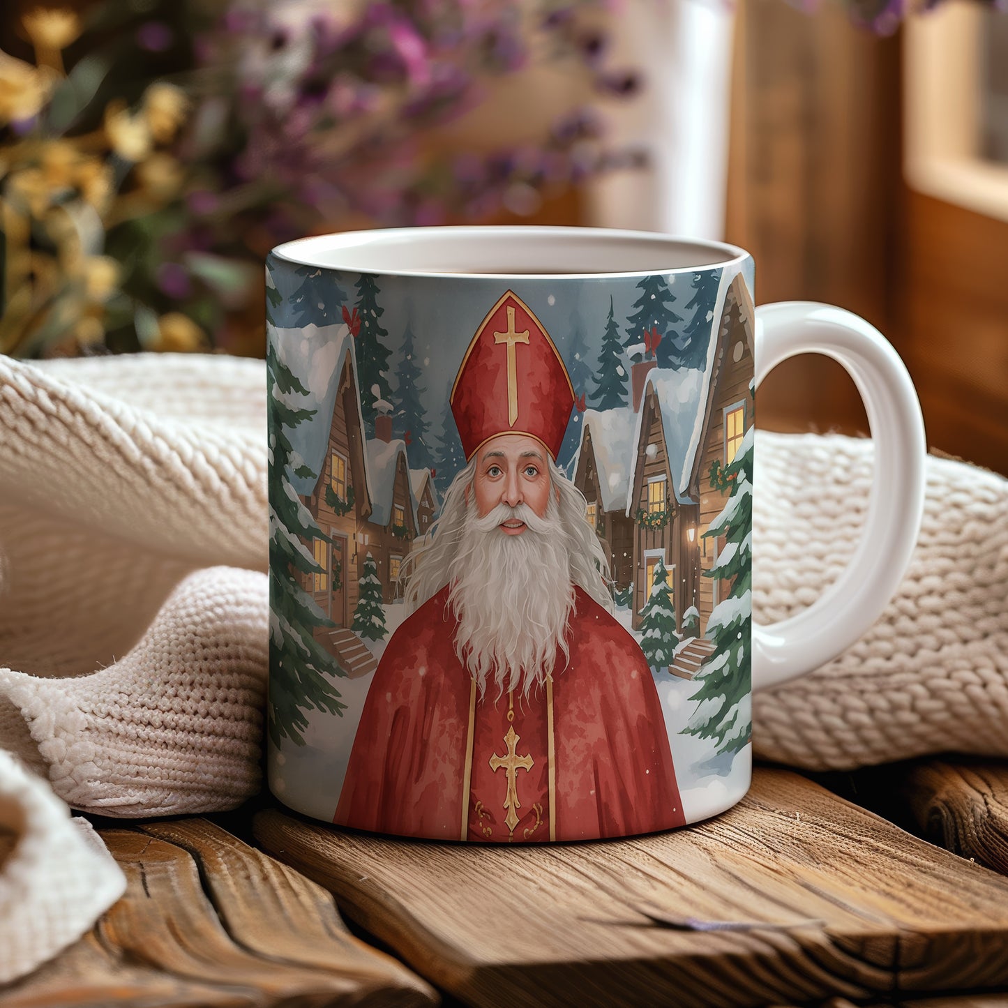 Hrnek s motivem Mikuláše – zasněžená chaloupka