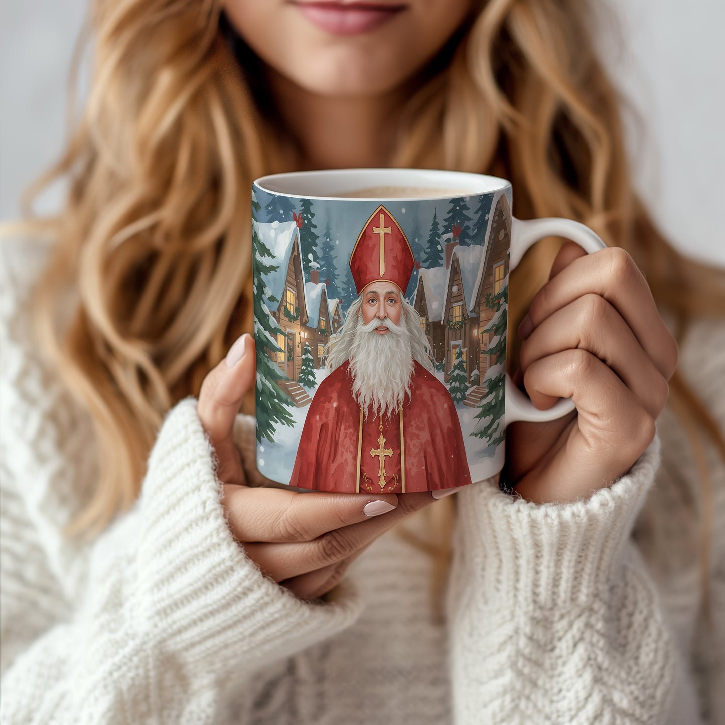 Hrnek s motivem Mikuláše – zasněžená chaloupka