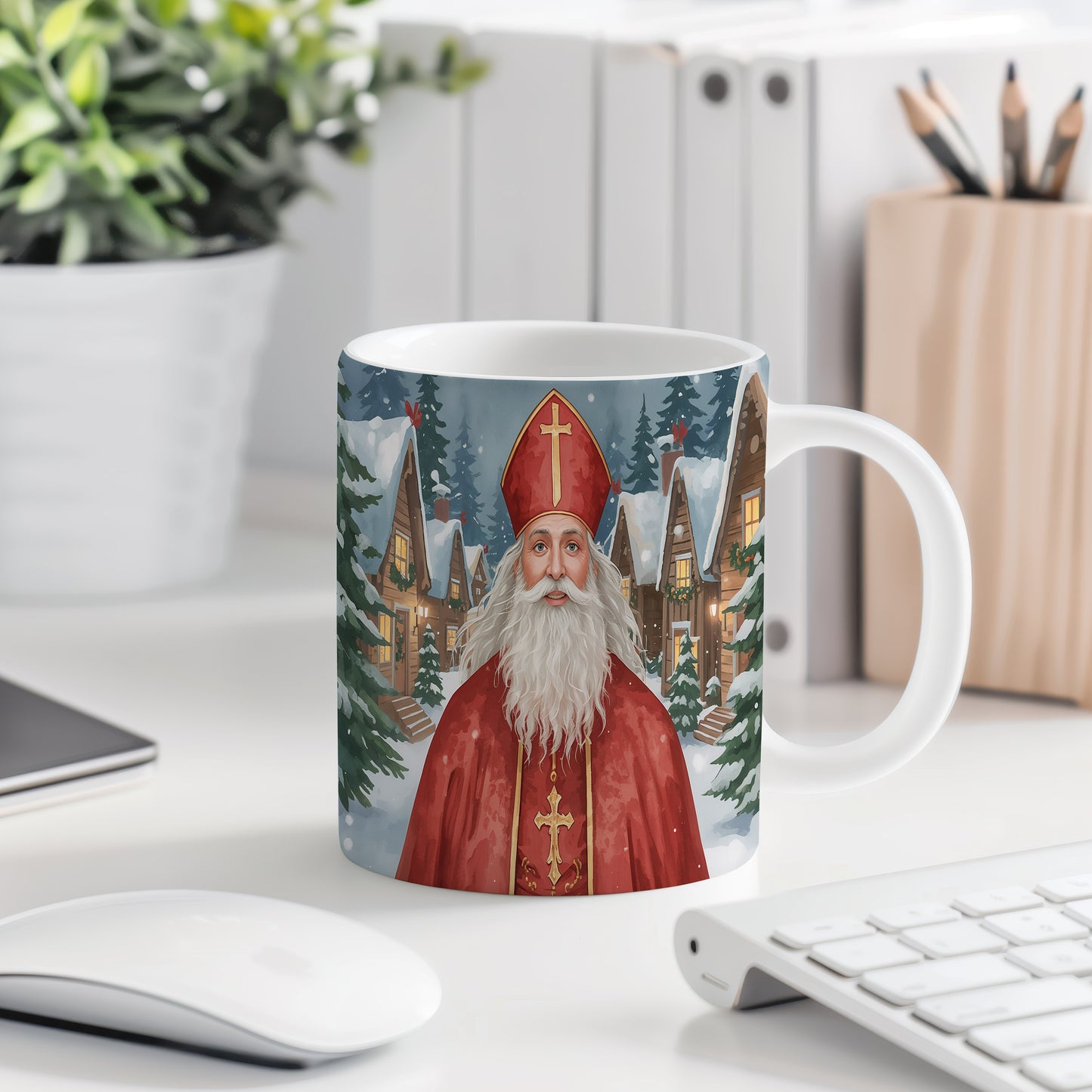 Hrnek s motivem Mikuláše – zasněžená chaloupka