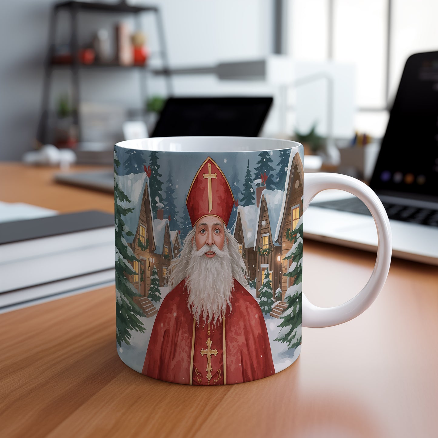 Hrnek s motivem Mikuláše – zasněžená chaloupka