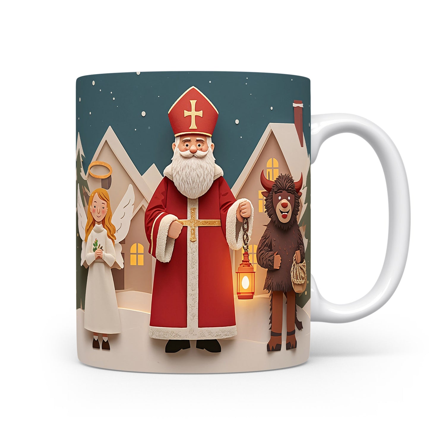 Mikuláš, čert a anděl před zasněženými domky