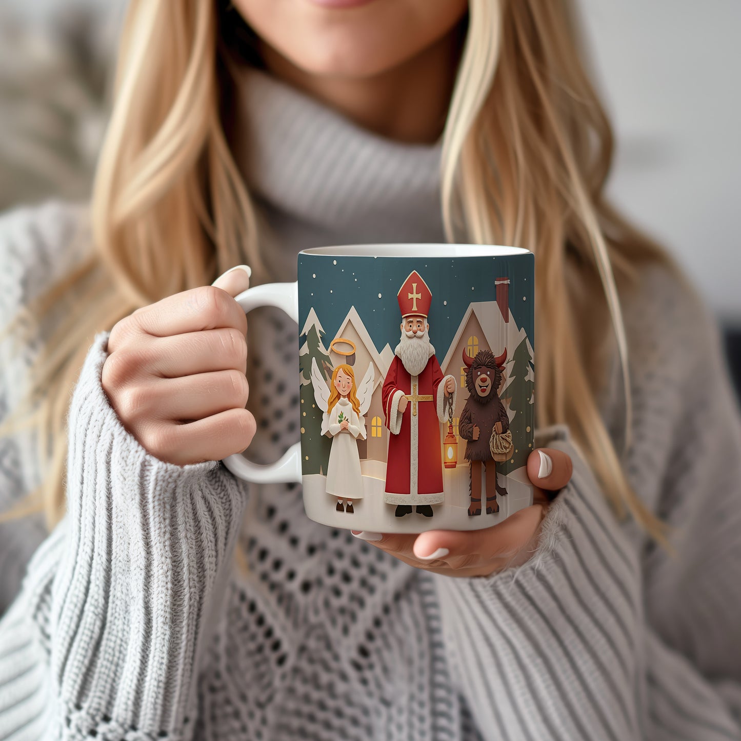 Hrnek s motivem Mikuláše, čerta a anděla – kouzelná zimní vesnička