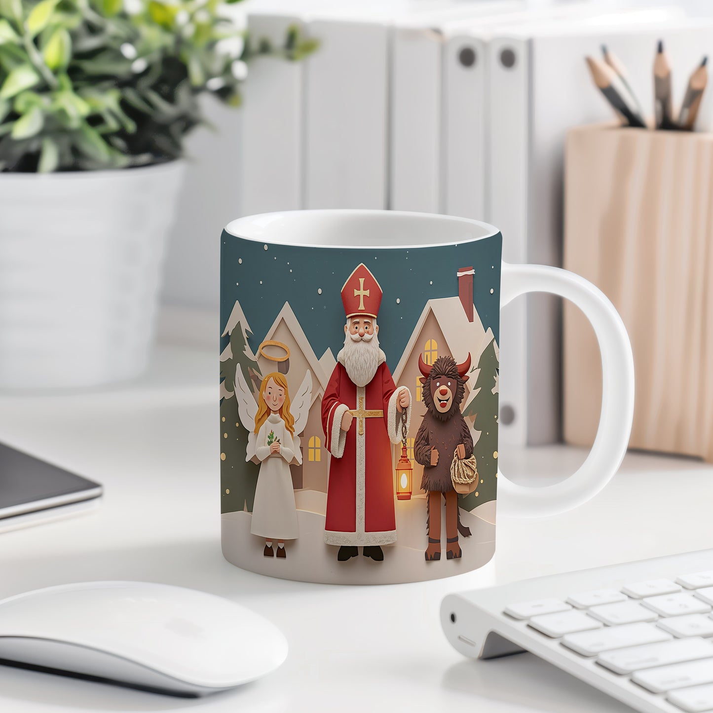 Hrnek s motivem Mikuláše, čerta a anděla – kouzelná zimní vesnička