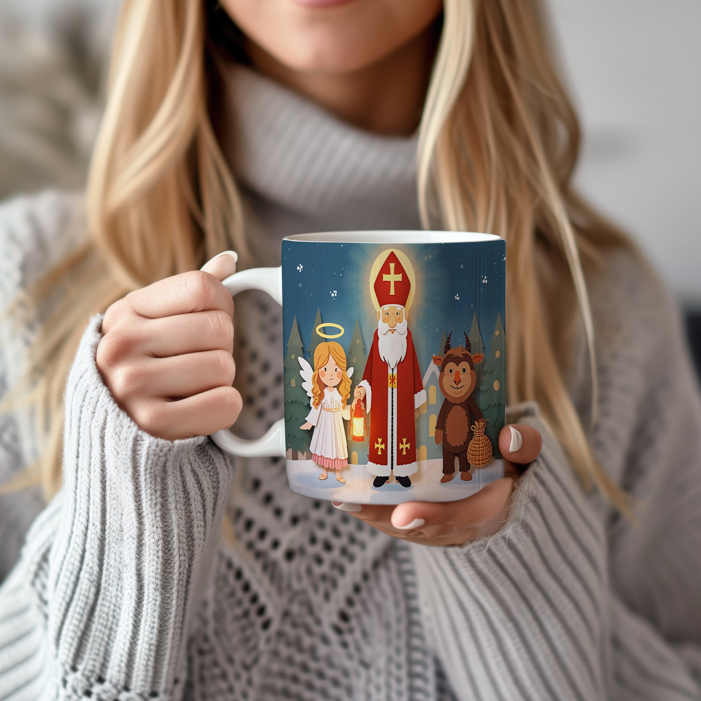 Hrnek s motivem Mikuláše, čerta a anděla – sváteční noc