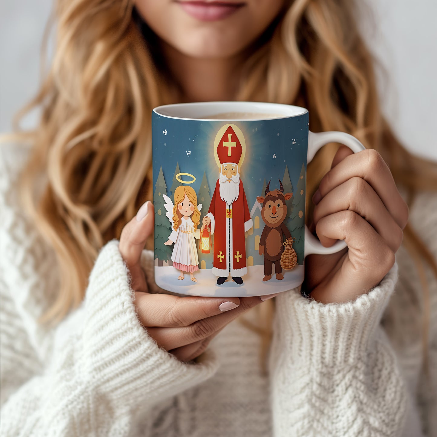 Hrnek s motivem Mikuláše, čerta a anděla – sváteční noc