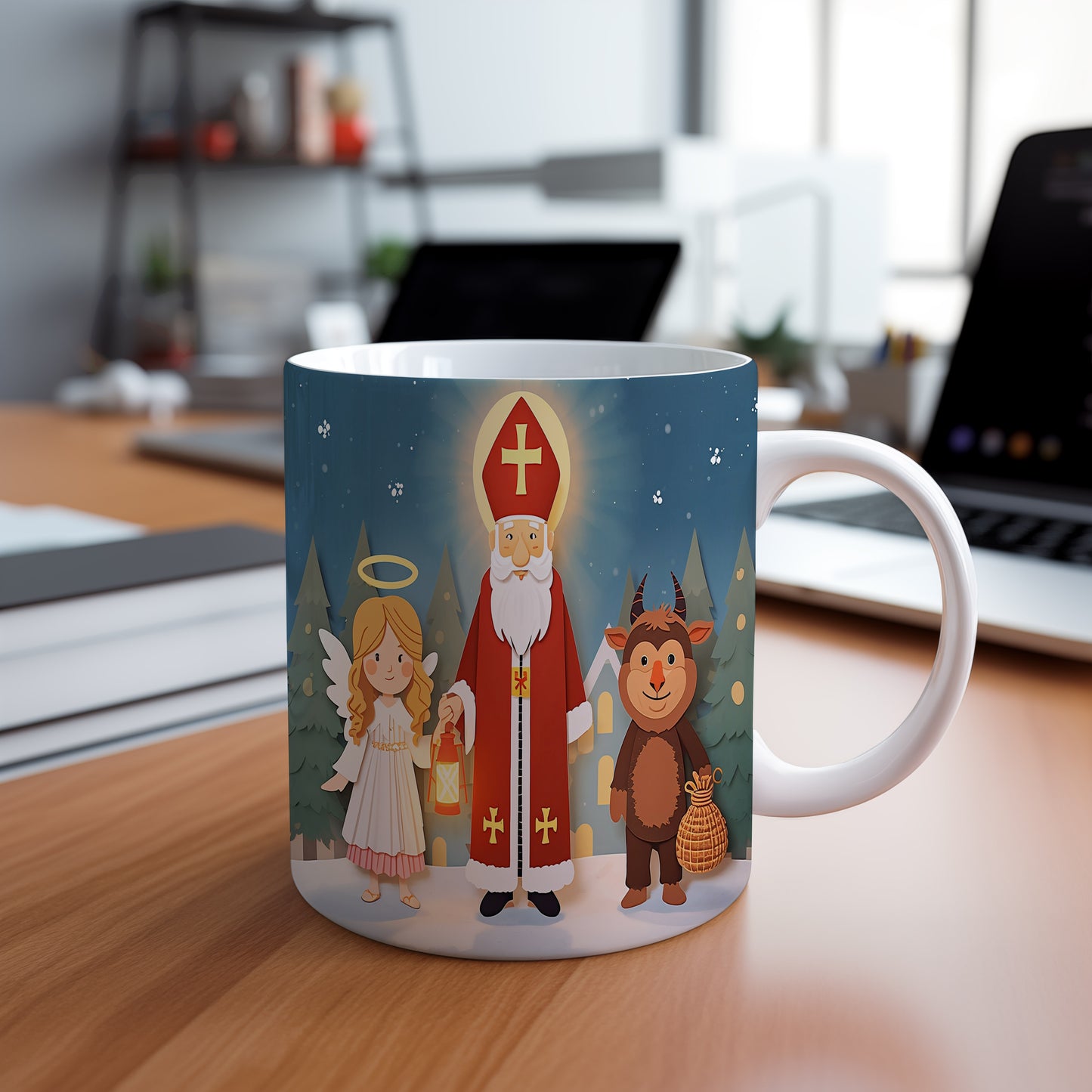 Hrnek s motivem Mikuláše, čerta a anděla – sváteční noc