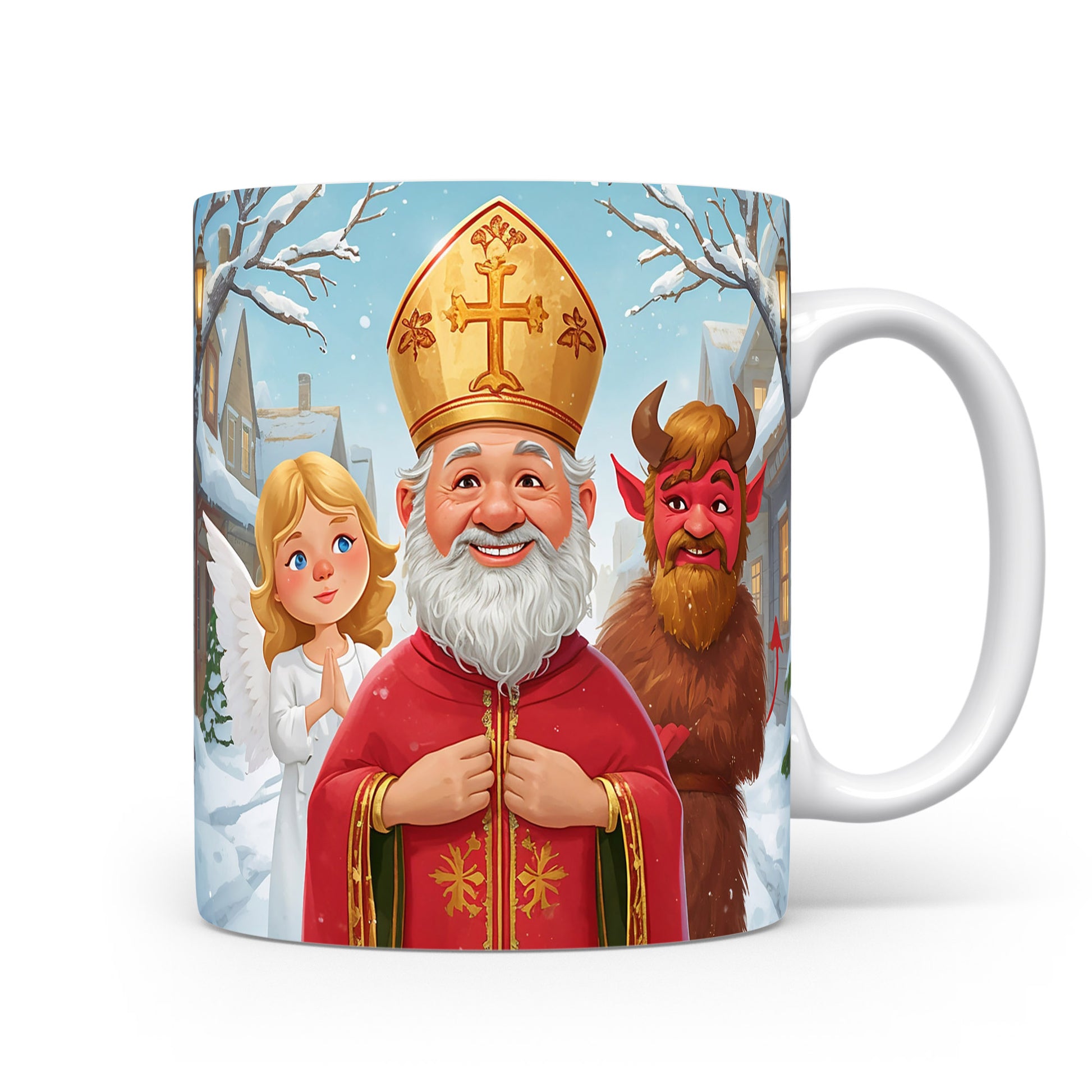 Mikuláš, čert a anděl v zasněžené vesnici