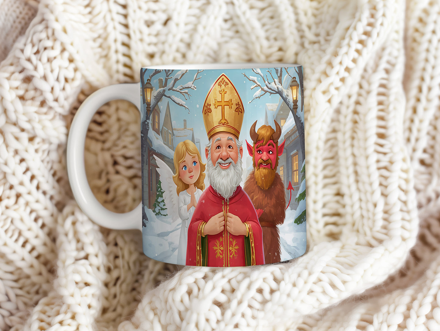 Hrnek s motivem Mikuláše, čerta a anděla – zimní pohádka