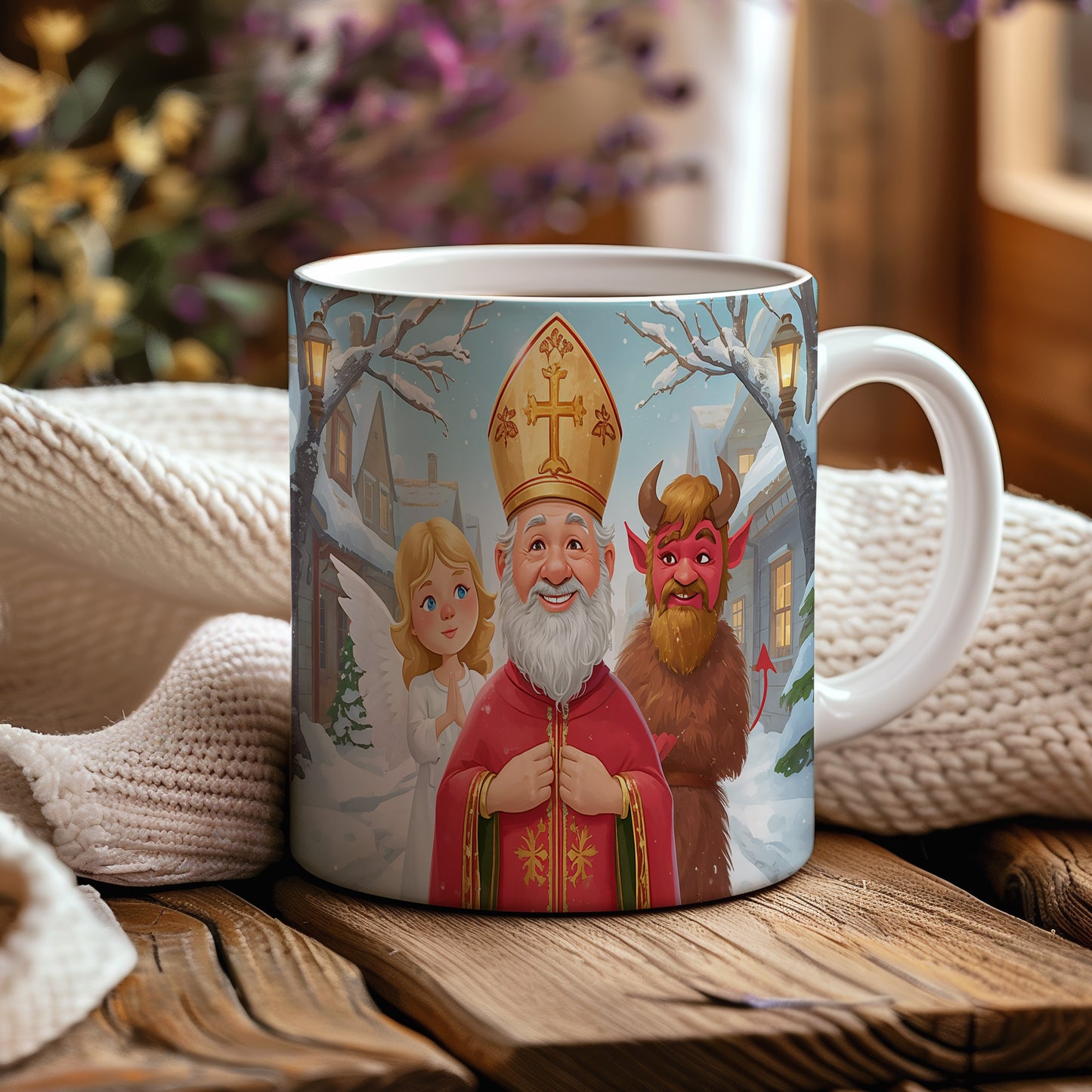 Hrnek s motivem Mikuláše, čerta a anděla – zimní pohádka