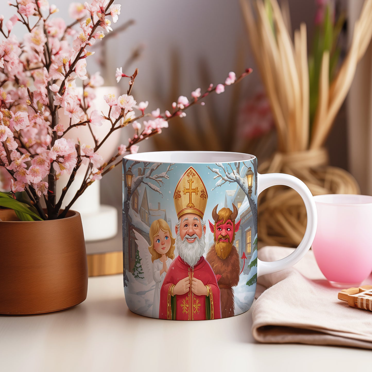 Hrnek s motivem Mikuláše, čerta a anděla – zimní pohádka