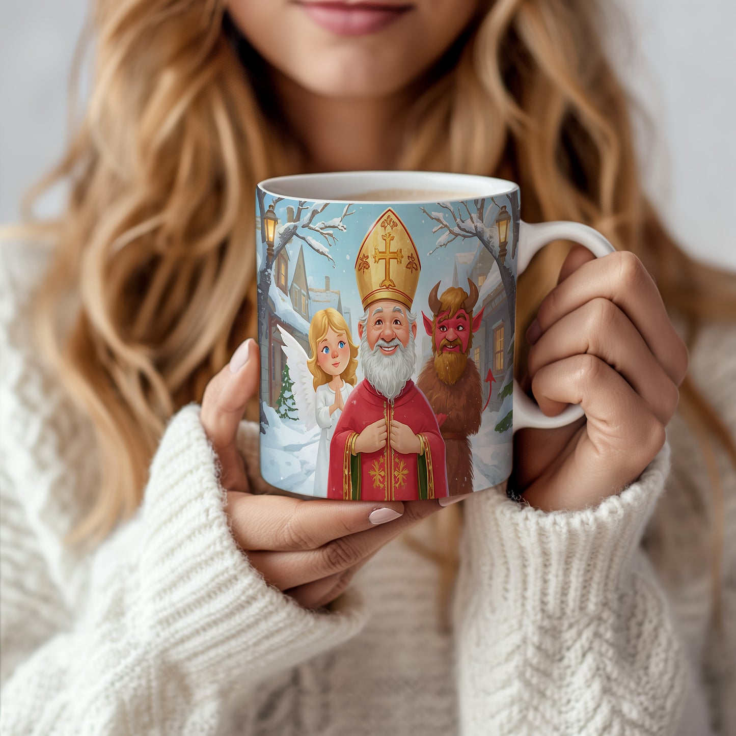 Hrnek s motivem Mikuláše, čerta a anděla – zimní pohádka