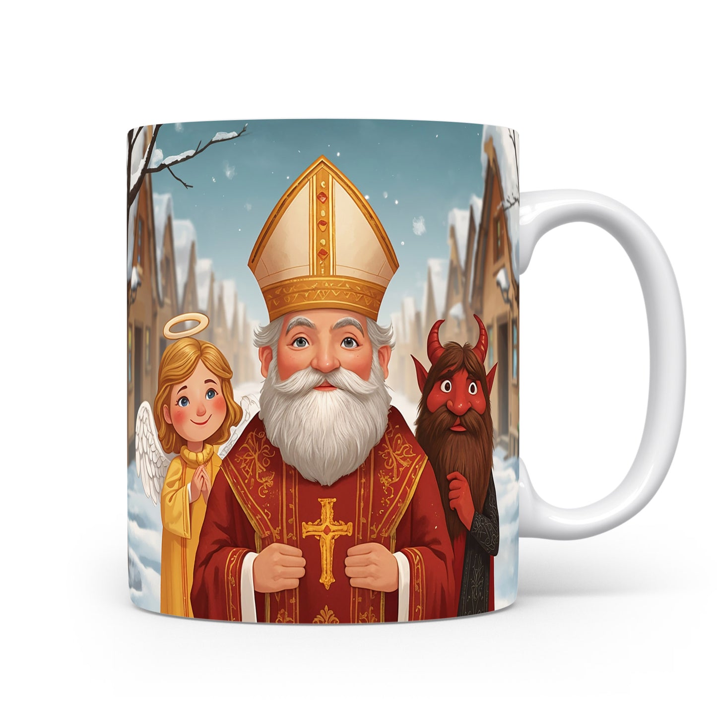 Hrnek s Mikulášem, čertem a andělem v zasněžené vesničce