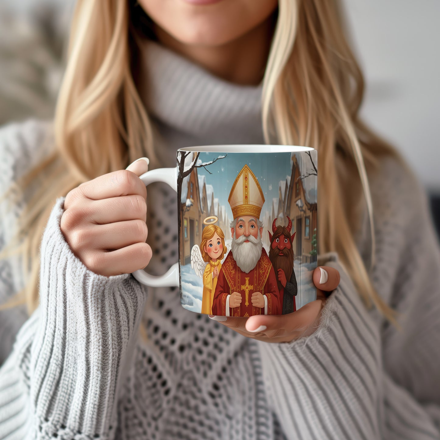 Hrnek s motivem Mikuláše, čerta a anděla – pohádková vesnička