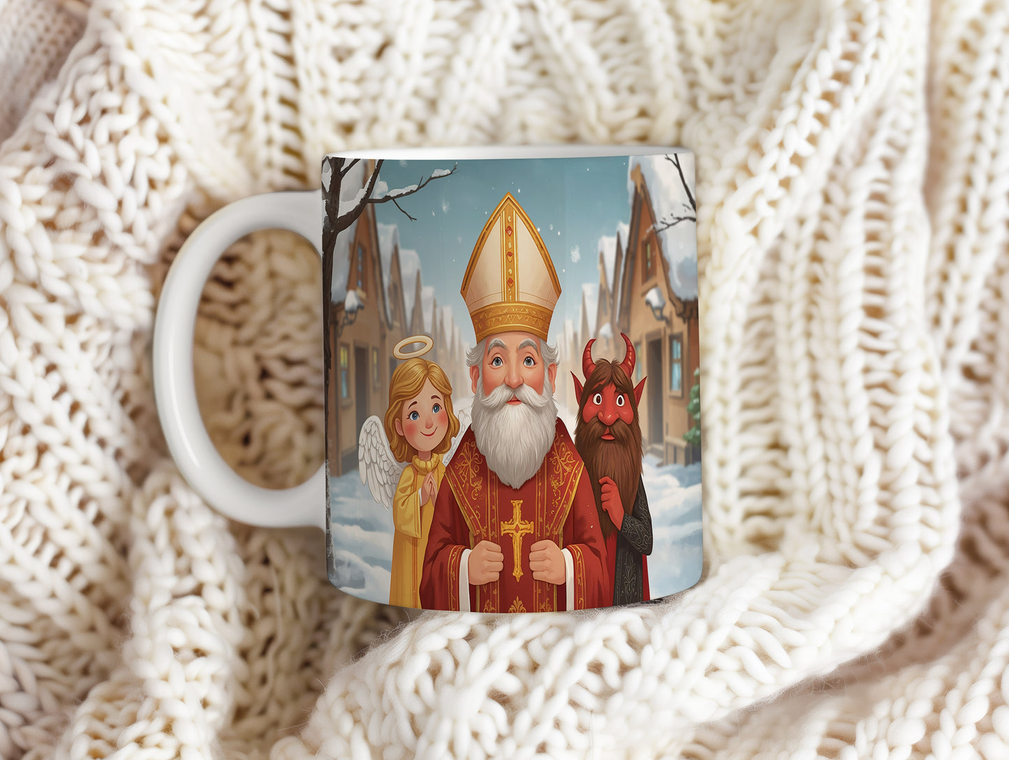 Hrnek s motivem Mikuláše, čerta a anděla – pohádková vesnička