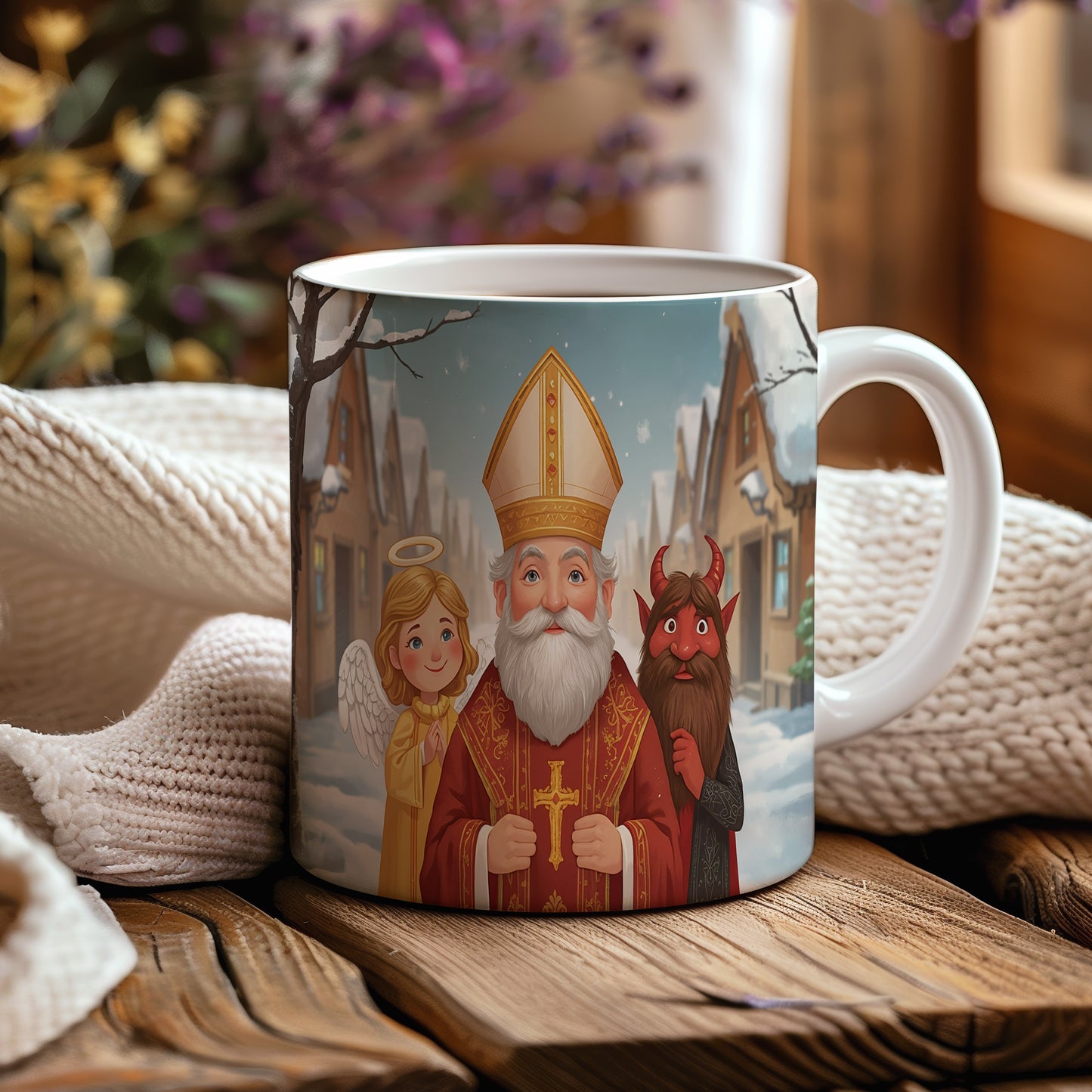 Hrnek s motivem Mikuláše, čerta a anděla – pohádková vesnička