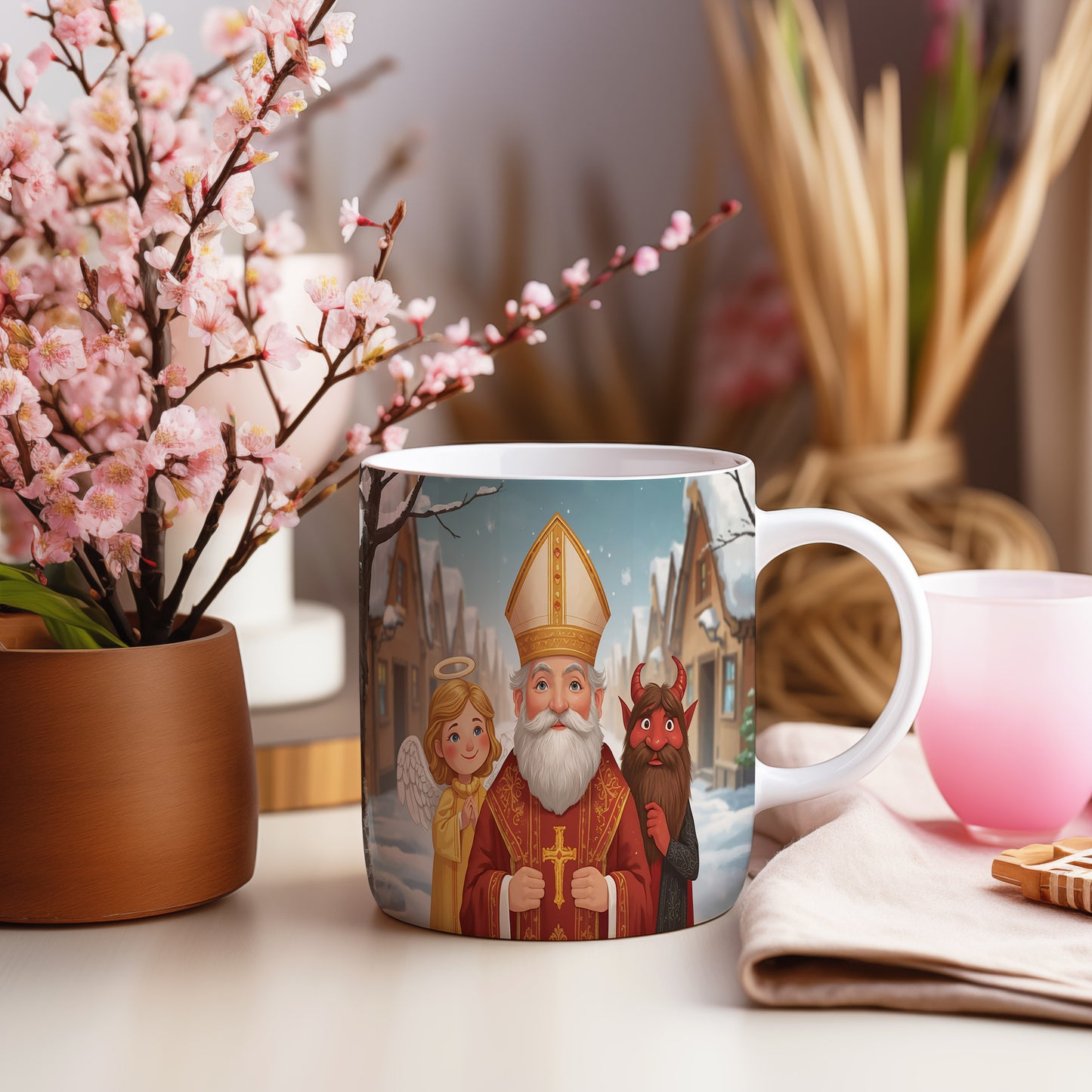 Hrnek s motivem Mikuláše, čerta a anděla – pohádková vesnička