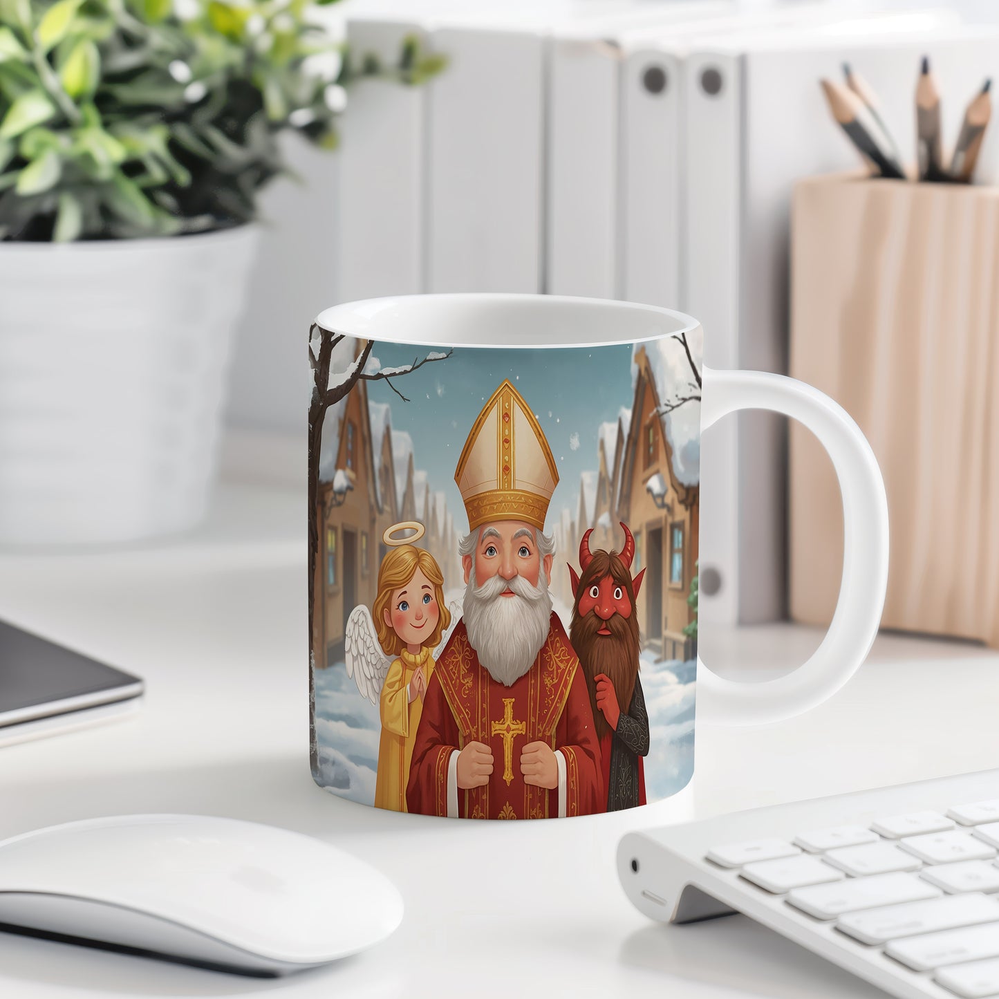 Hrnek s motivem Mikuláše, čerta a anděla – pohádková vesnička