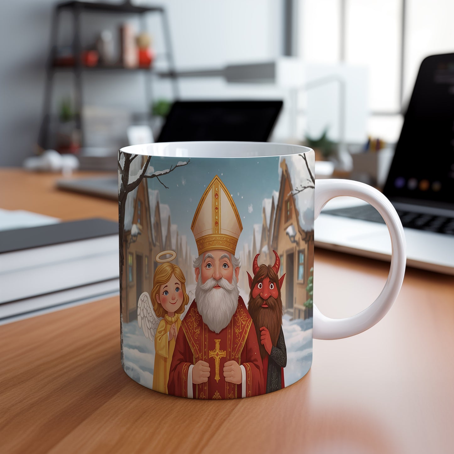 Hrnek s motivem Mikuláše, čerta a anděla – pohádková vesnička