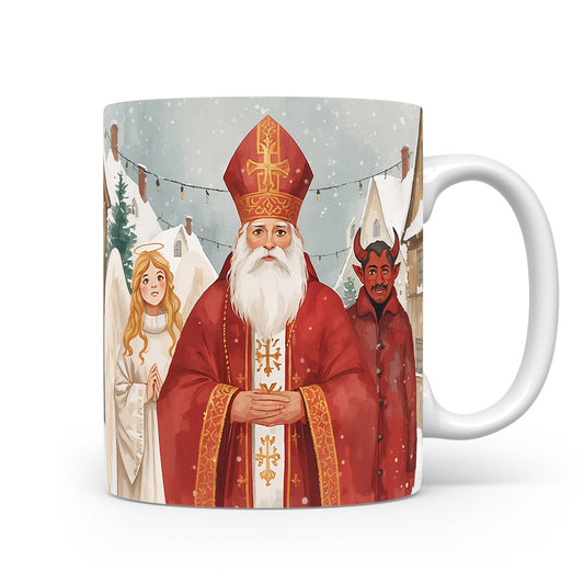 Hrnek s Mikulášem, čertem a andělem na vánoční ulici