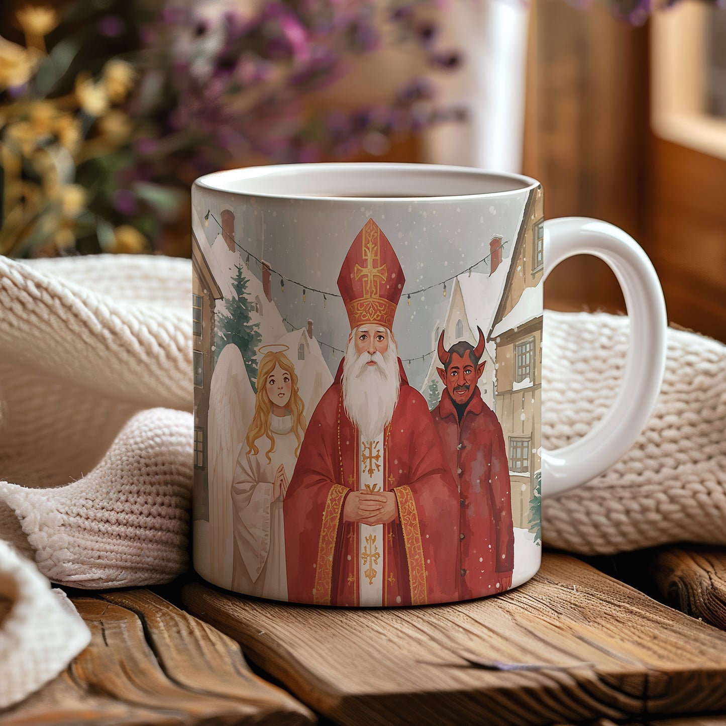 Hrnek s motivem Mikuláše, čerta a anděla – vánoční ulice