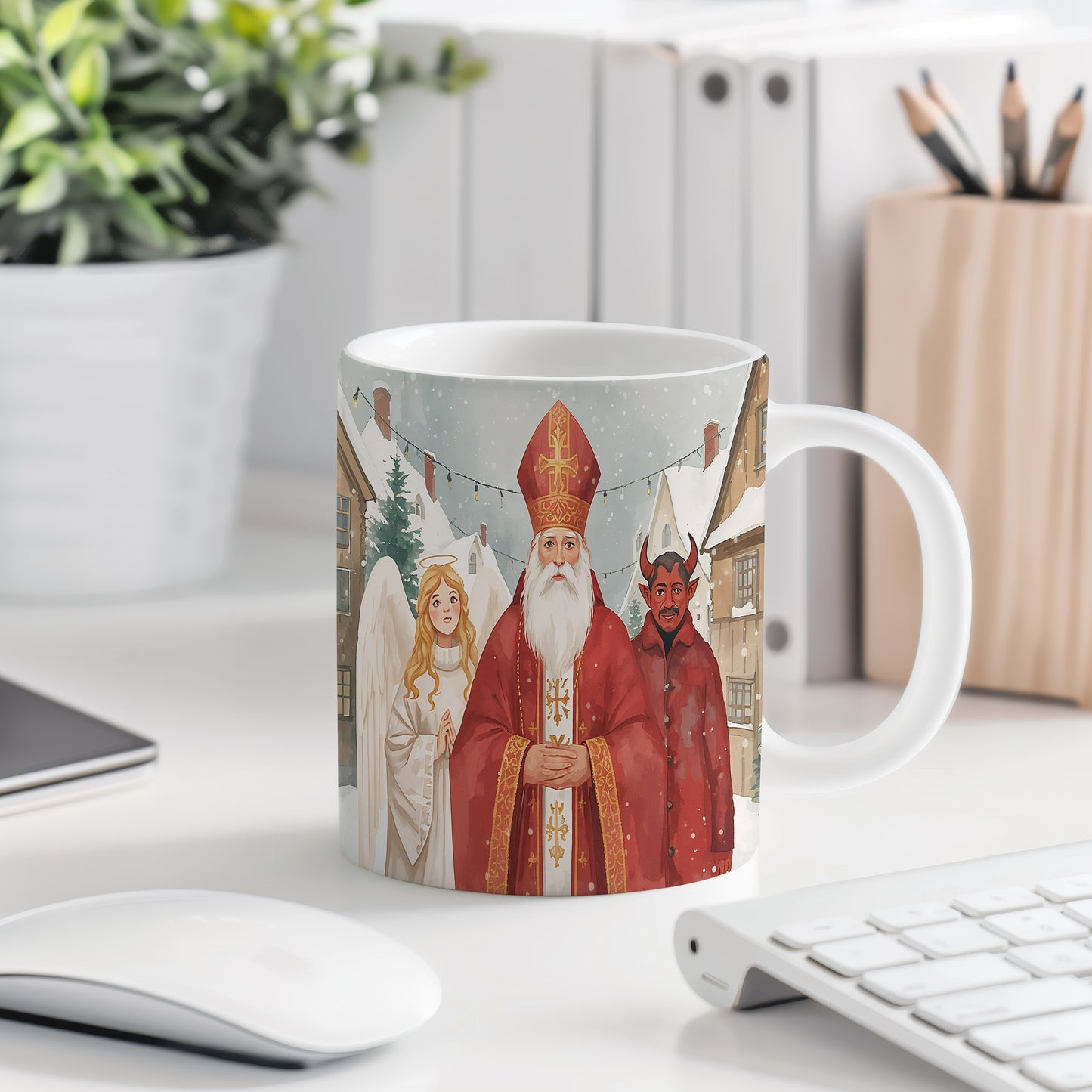 Hrnek s motivem Mikuláše, čerta a anděla – vánoční ulice