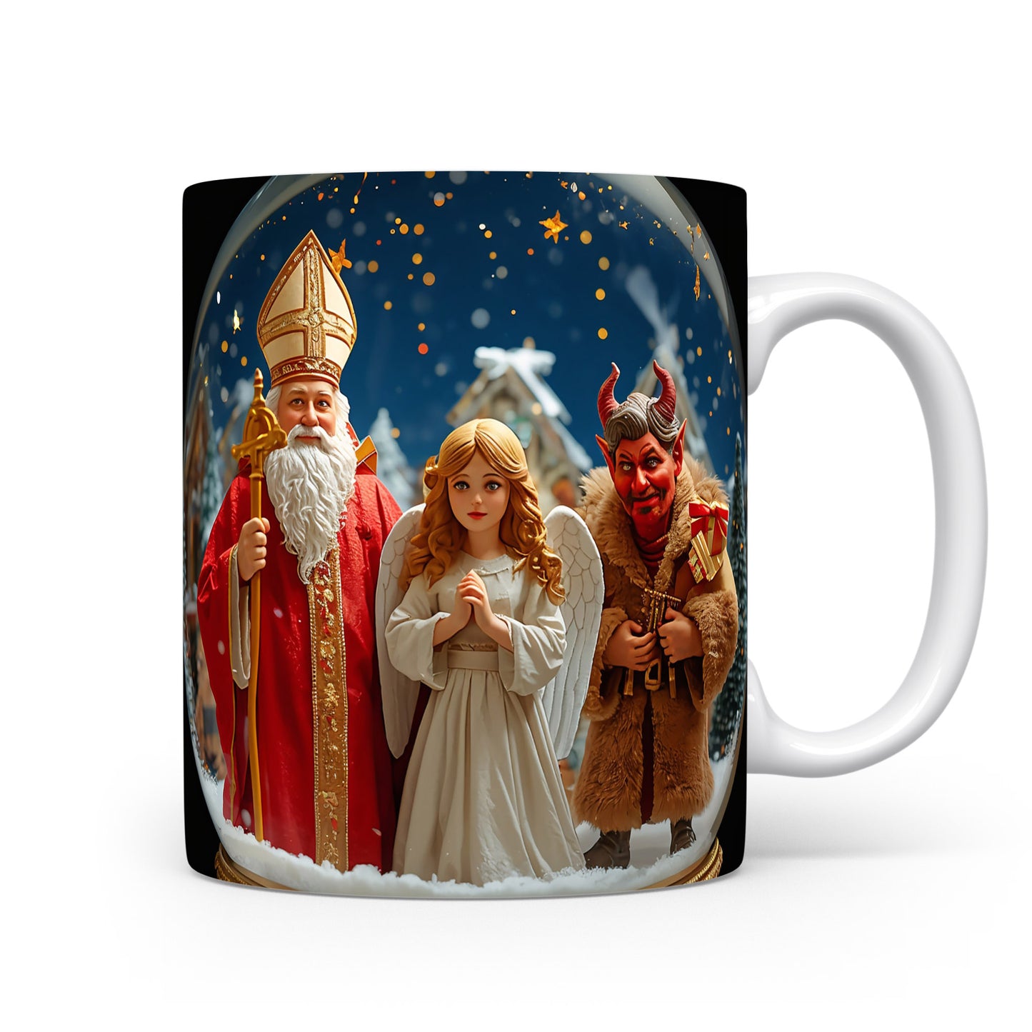 Mikuláš, čert a anděl pod hvězdnou oblohou